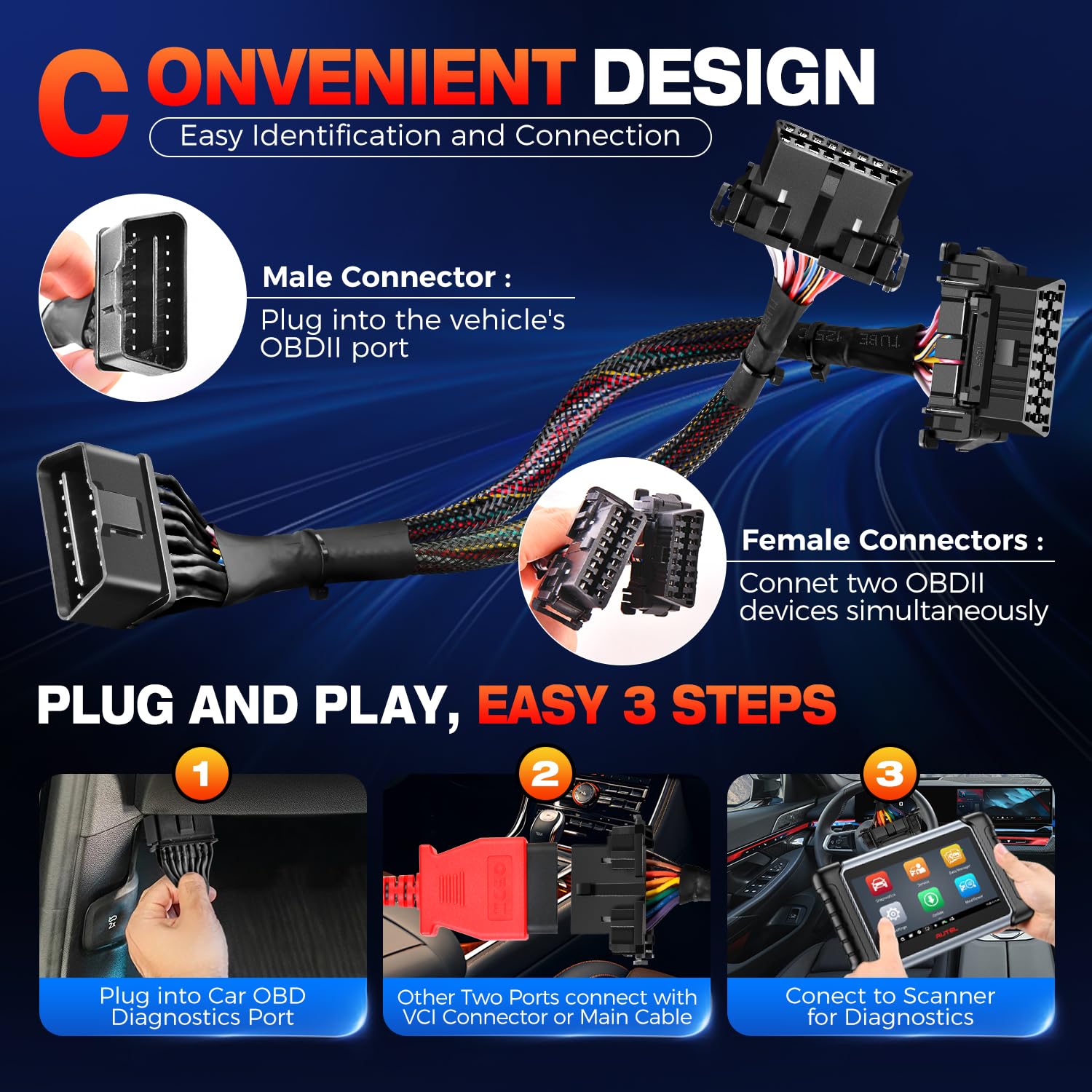 Autel OBD2 cable with dual female ports in a tidy workshop.