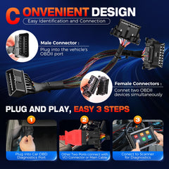 Autel OBD2 cable with dual female ports in a tidy workshop.