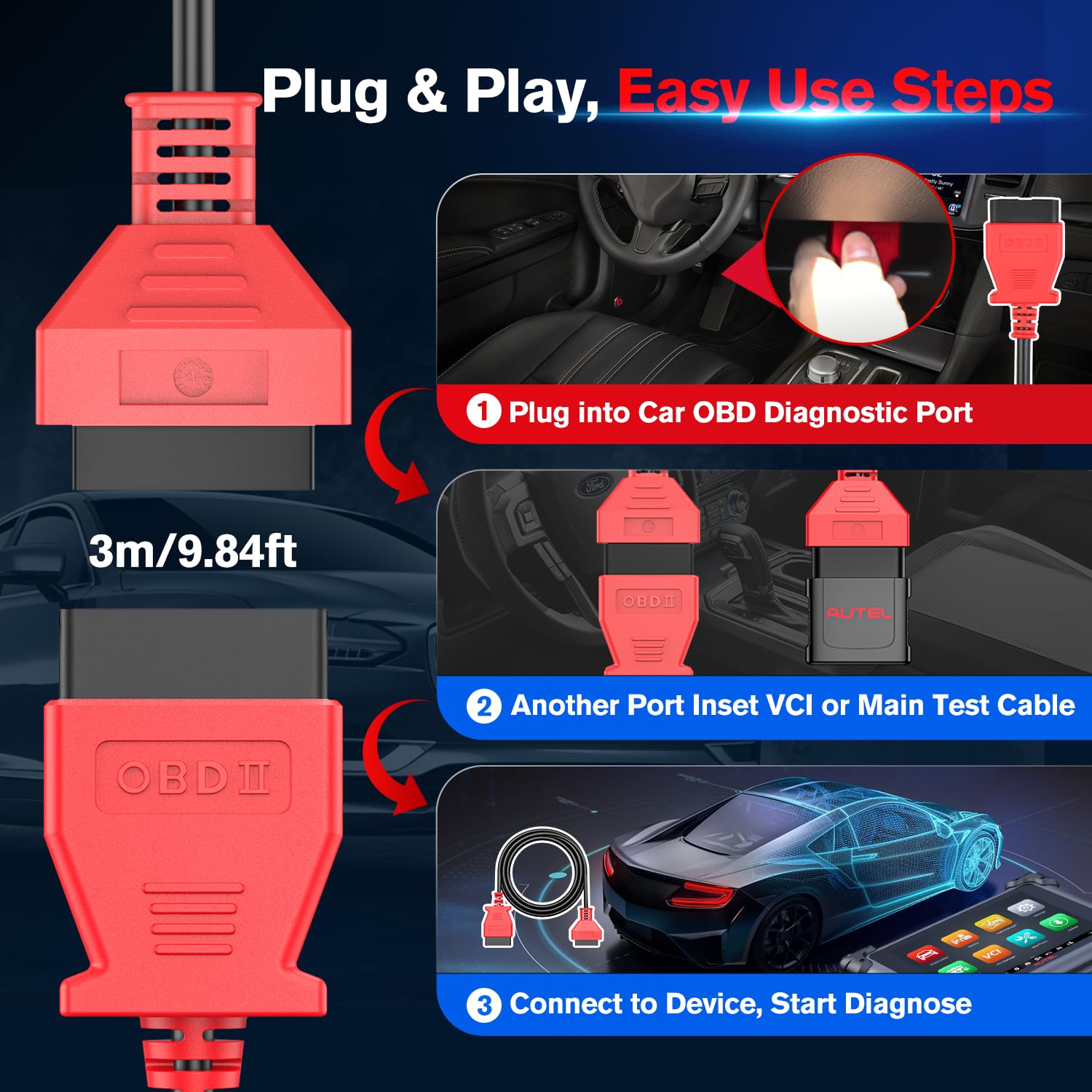Autel OBD2 extension with copper core for fast data transmission