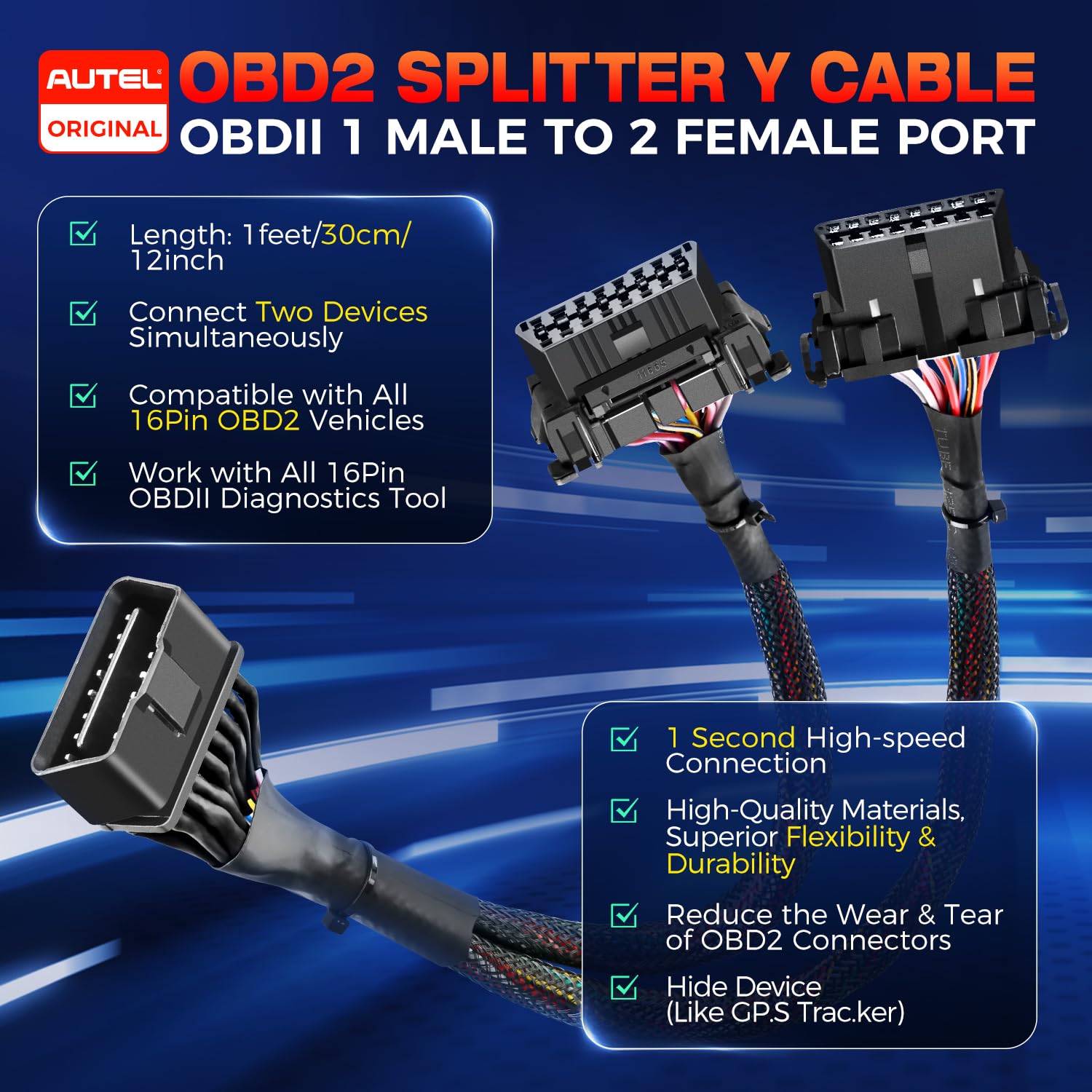 Autel OBD2 extension cable 1ft showing extended reach for easier access.