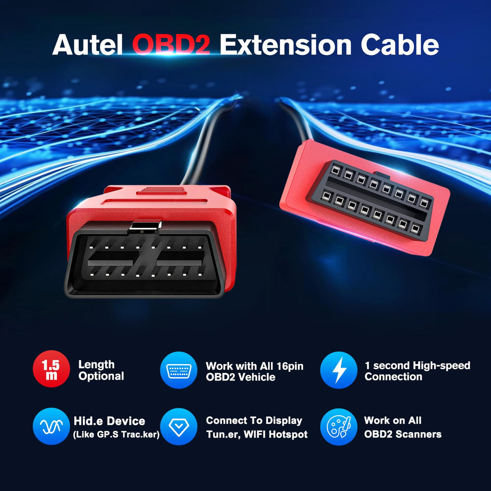 Autel extension cable shown for a plug-and-play diagnostic setup.