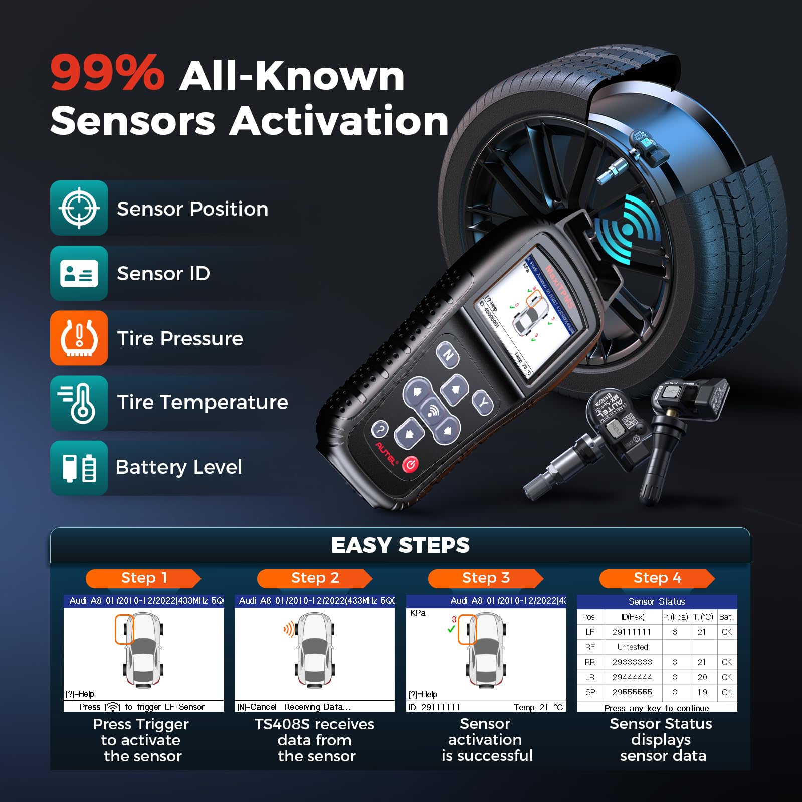 Autel TS408S multilingual menu supports 19 languages for global use.