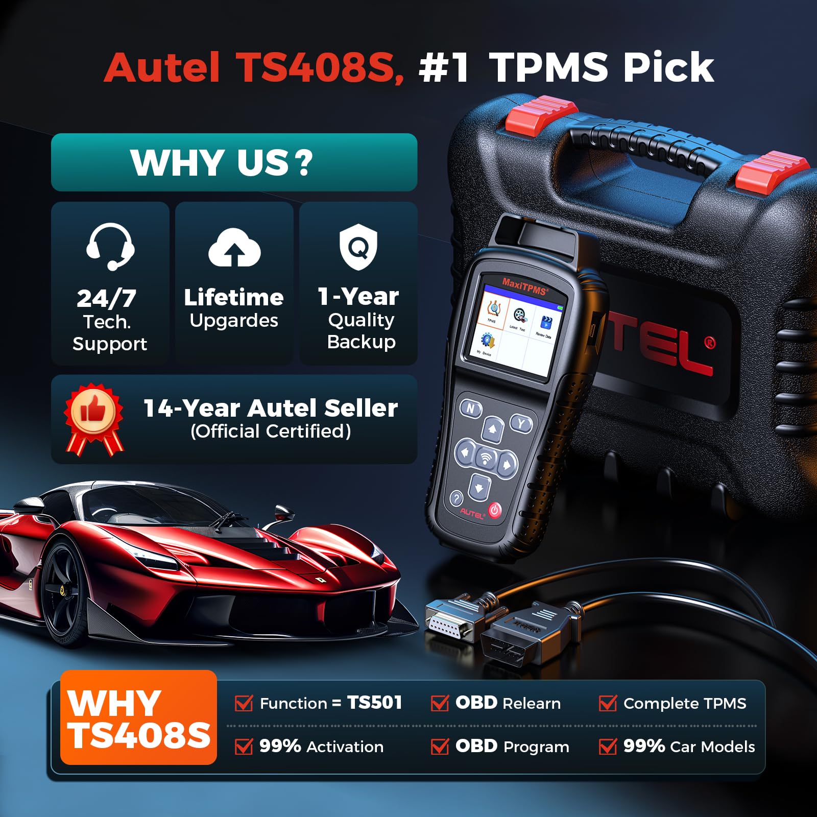 Autel TS408S one-year warranty and 24/7 support badge.