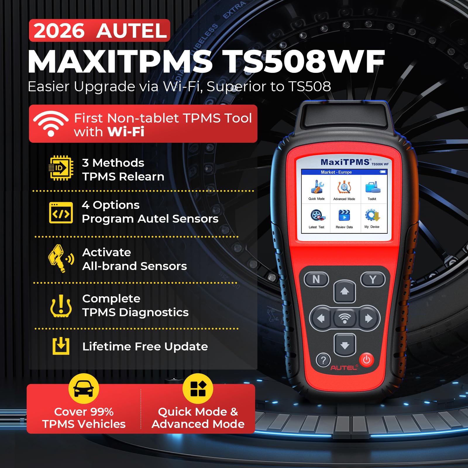 Autel TS508WF obd-relearn: enables rapid sensor programming through OBD.