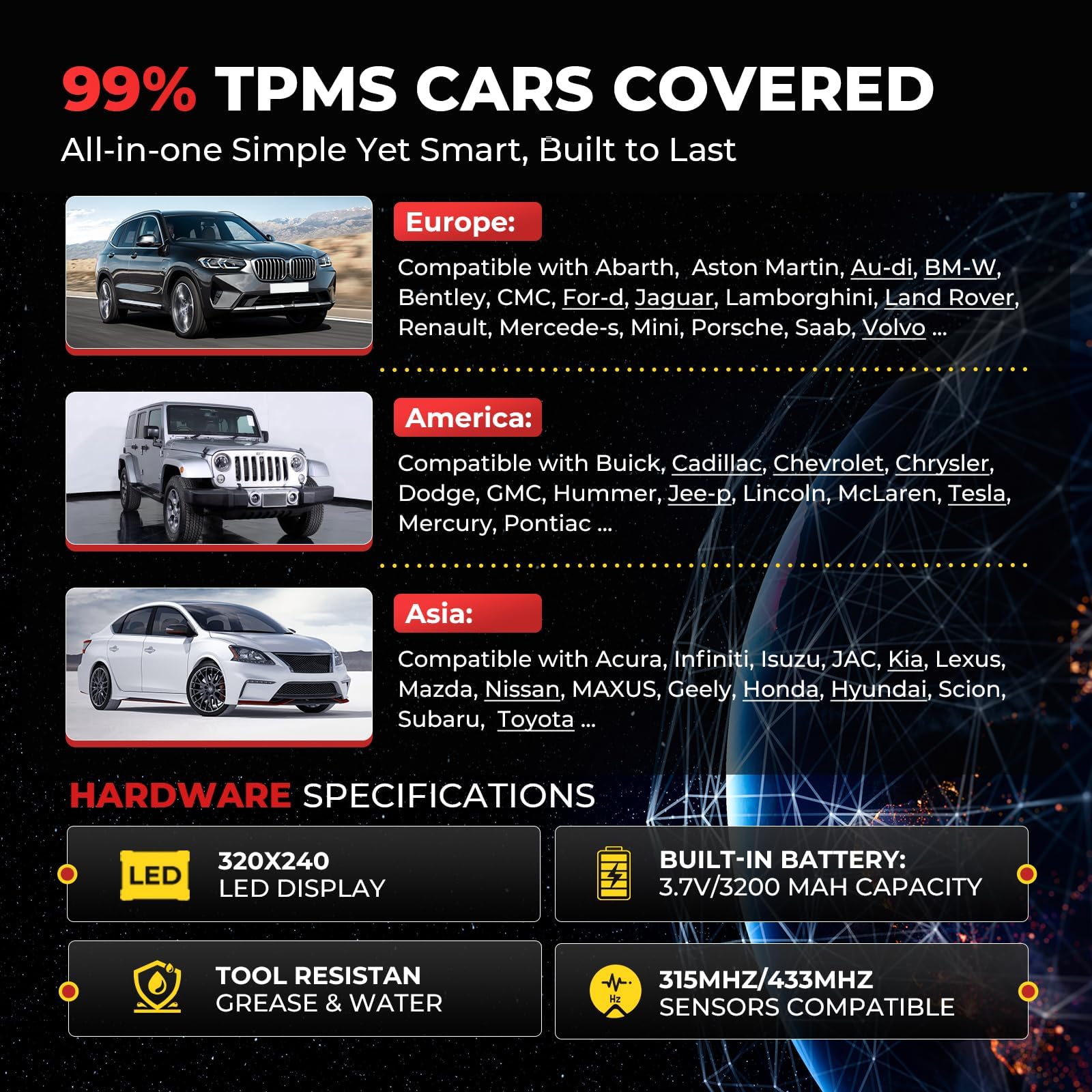 Autel TS508WF vehicle-compatibility: broad support across brands and car models.