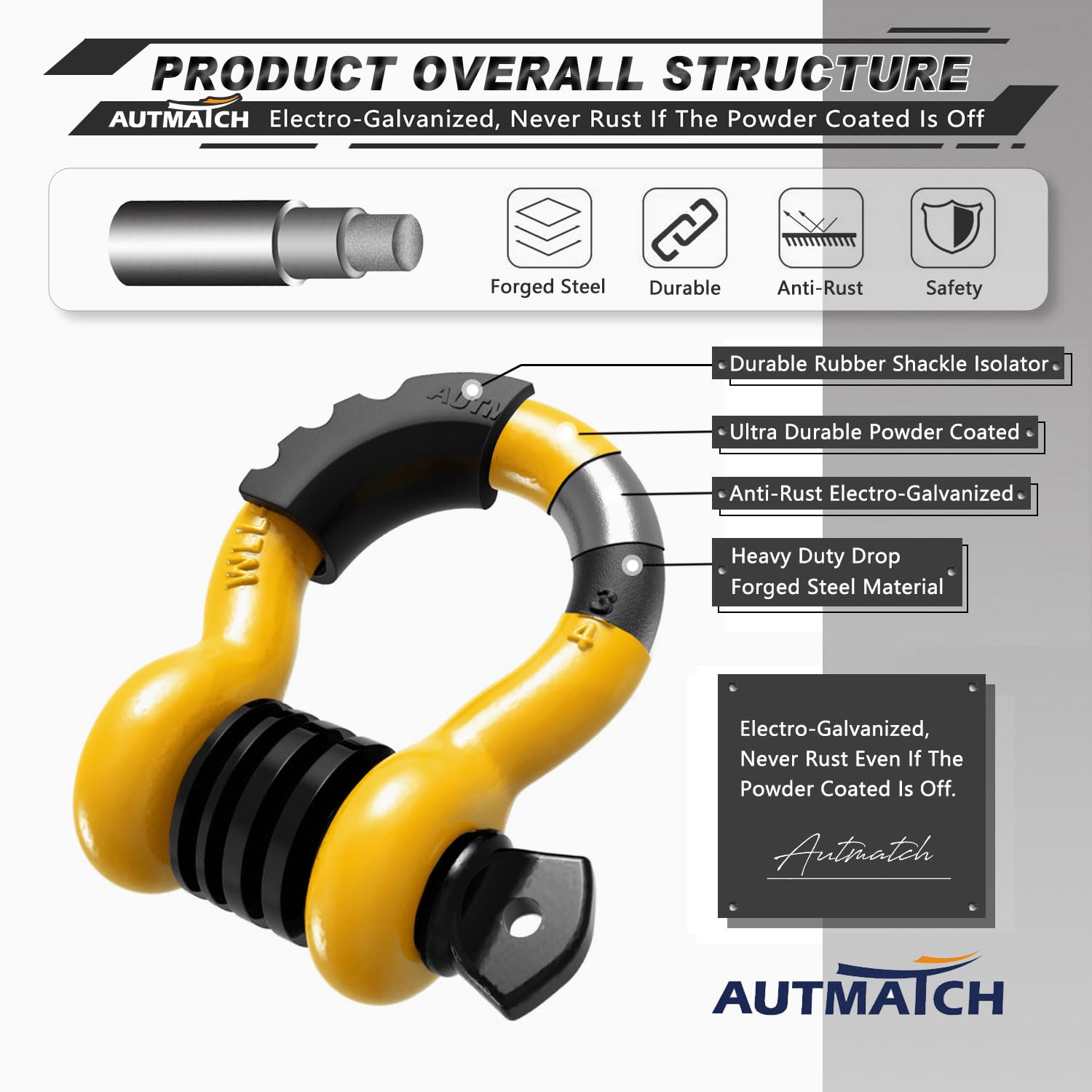 AUTMATCH galvanized and powder-coated D Ring Shackle resistant to corrosion