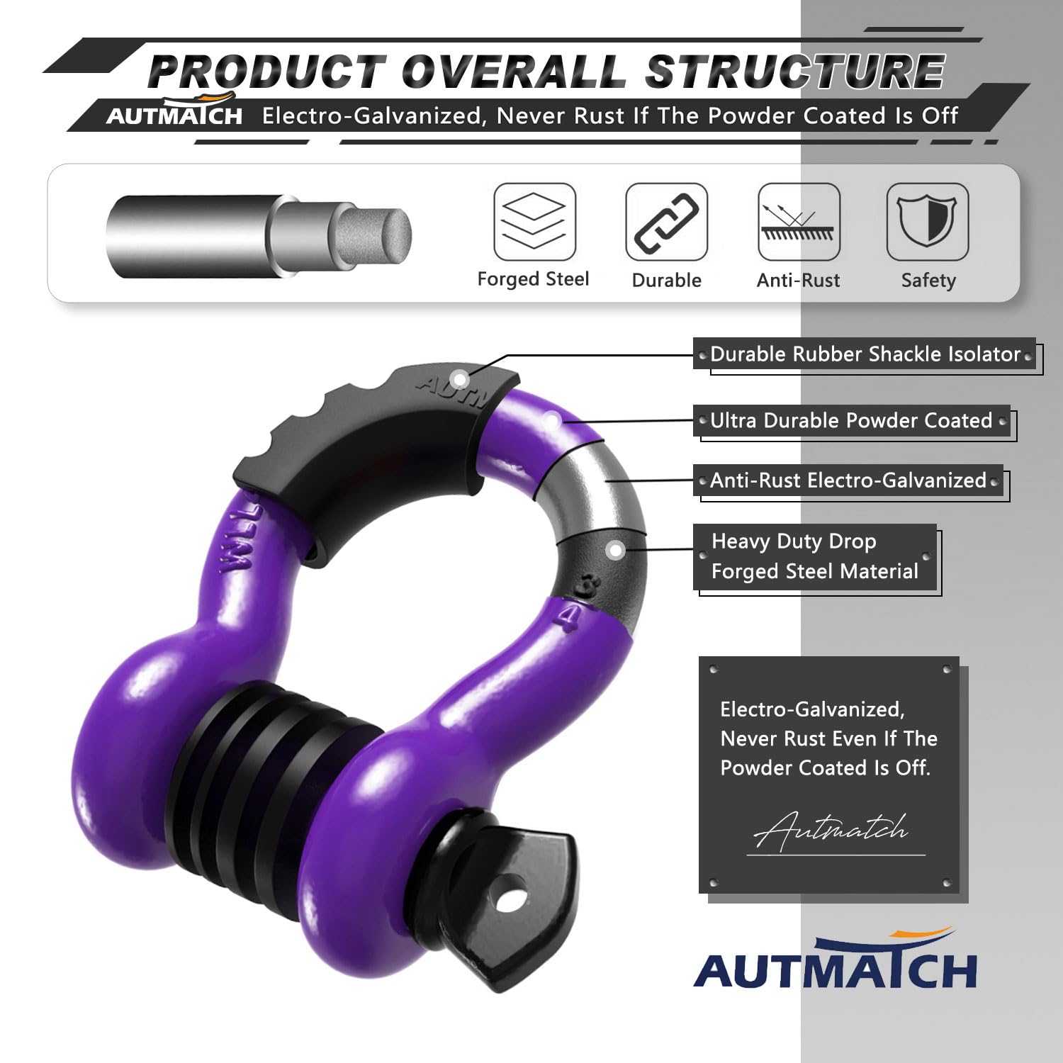AUTMATCH recovery shackle suitable for ATV, UTV, trucks, and trailers.