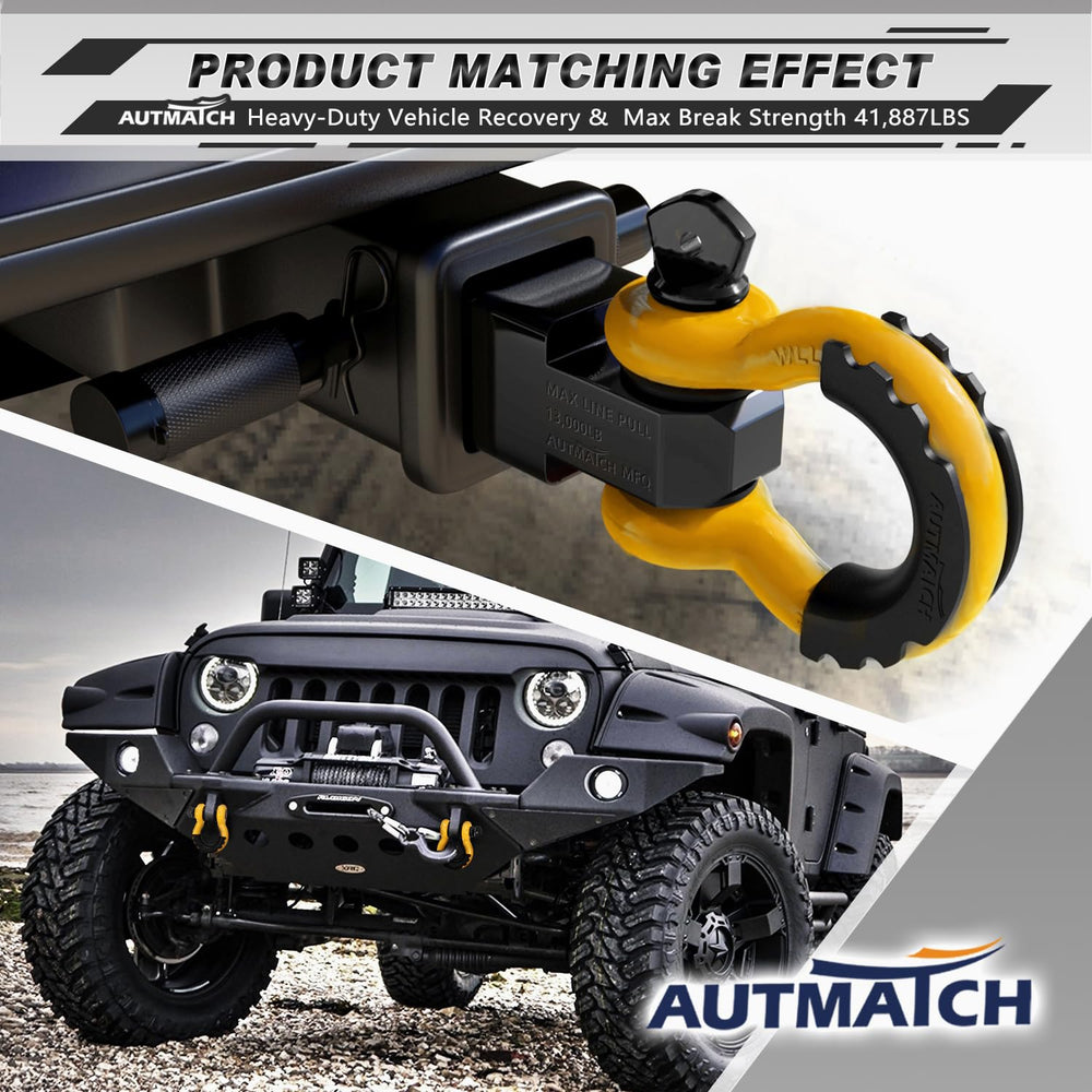AUTMATCH yellow D Ring Shackle packaging with clevis pin and washers