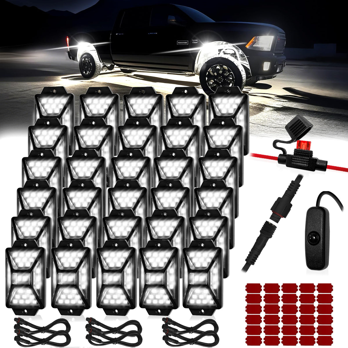 Auto Buero 30 pods pure white LED rock lights illuminate undercarriage for trucks