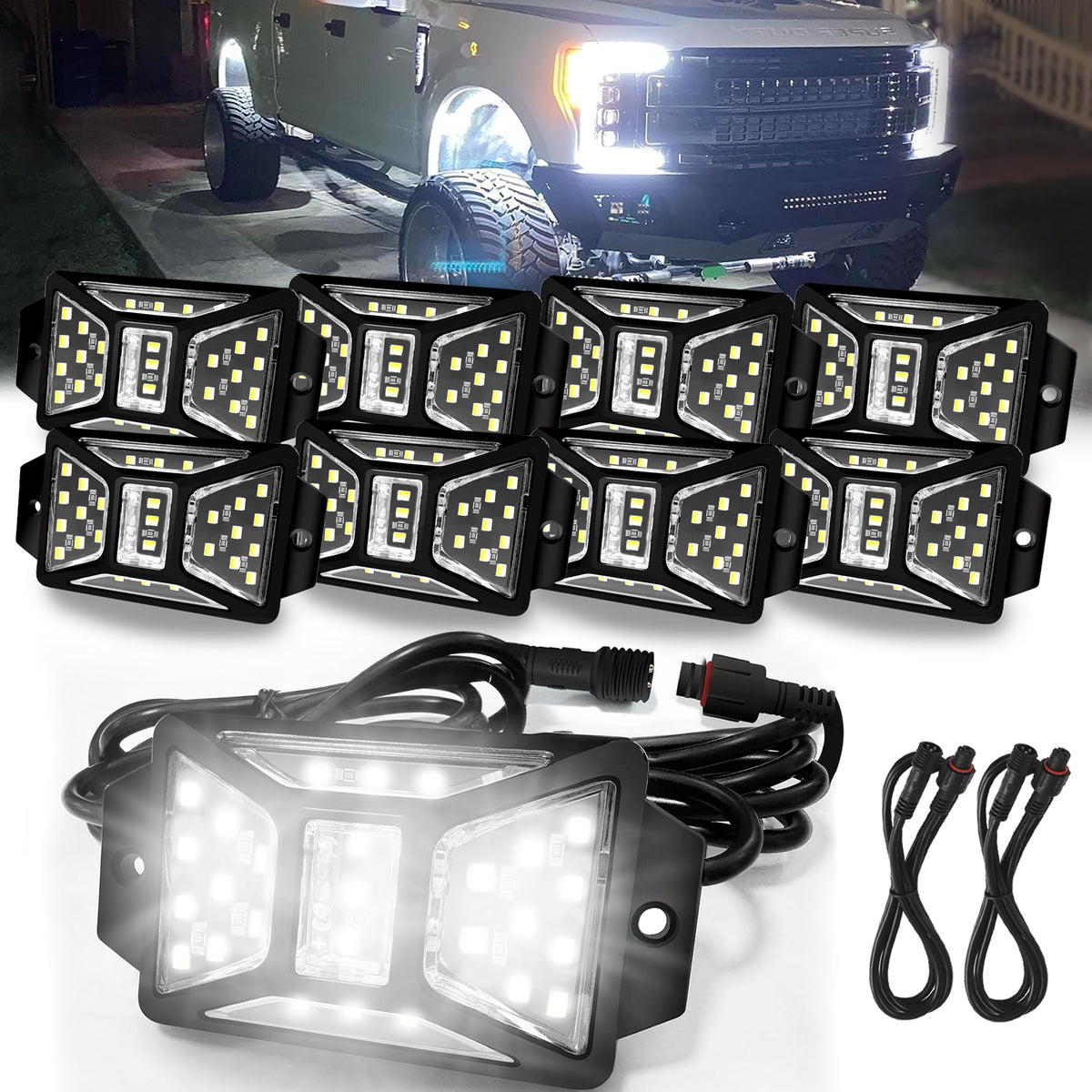 Auto Buero 8-pod Pure White Rock Lights front view with bright underbody illumination