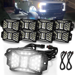 Auto Buero 8-pod Pure White Rock Lights front view with bright underbody illumination