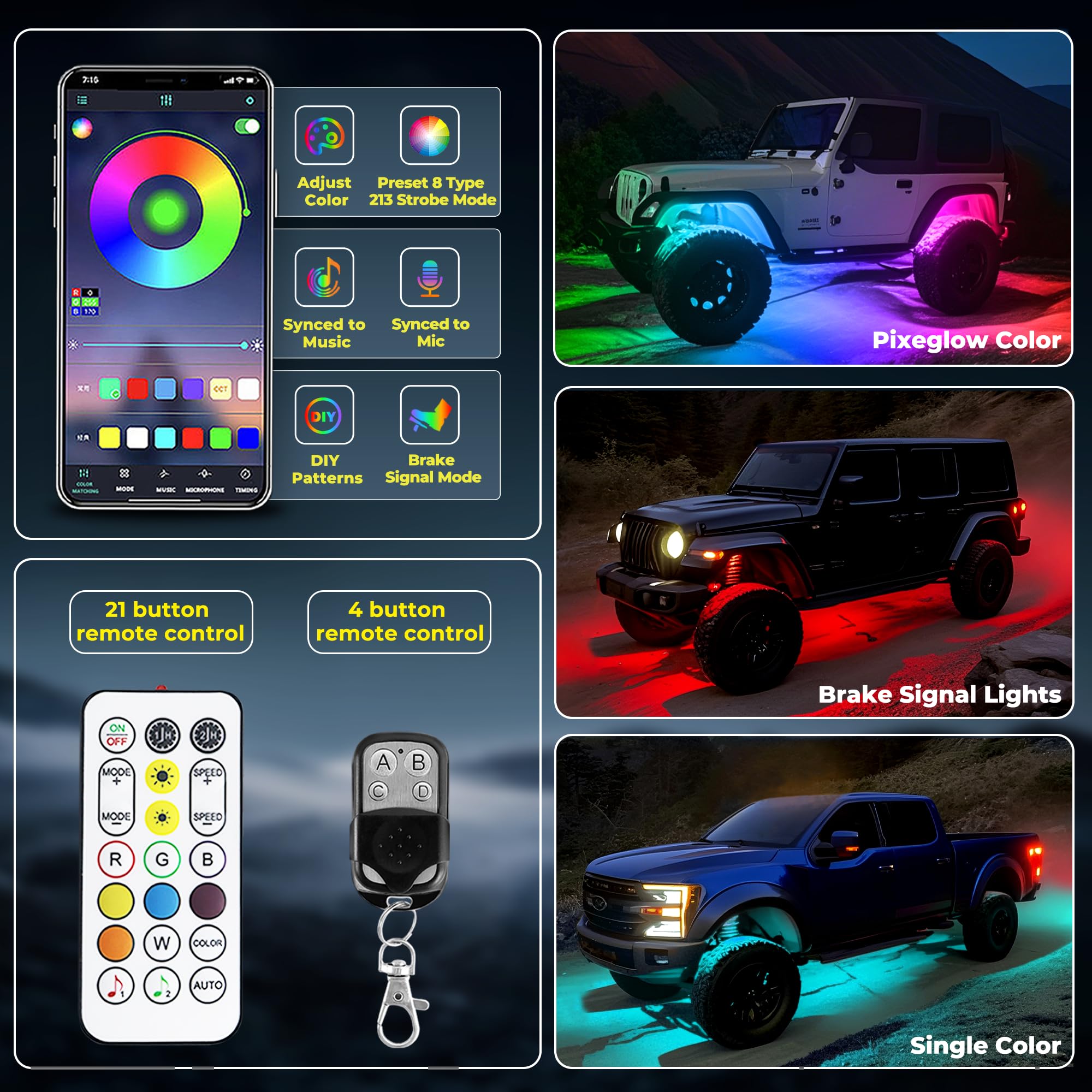 Auto Buero RGB rock light with dynamic modes enhances off-road night aesthetics.