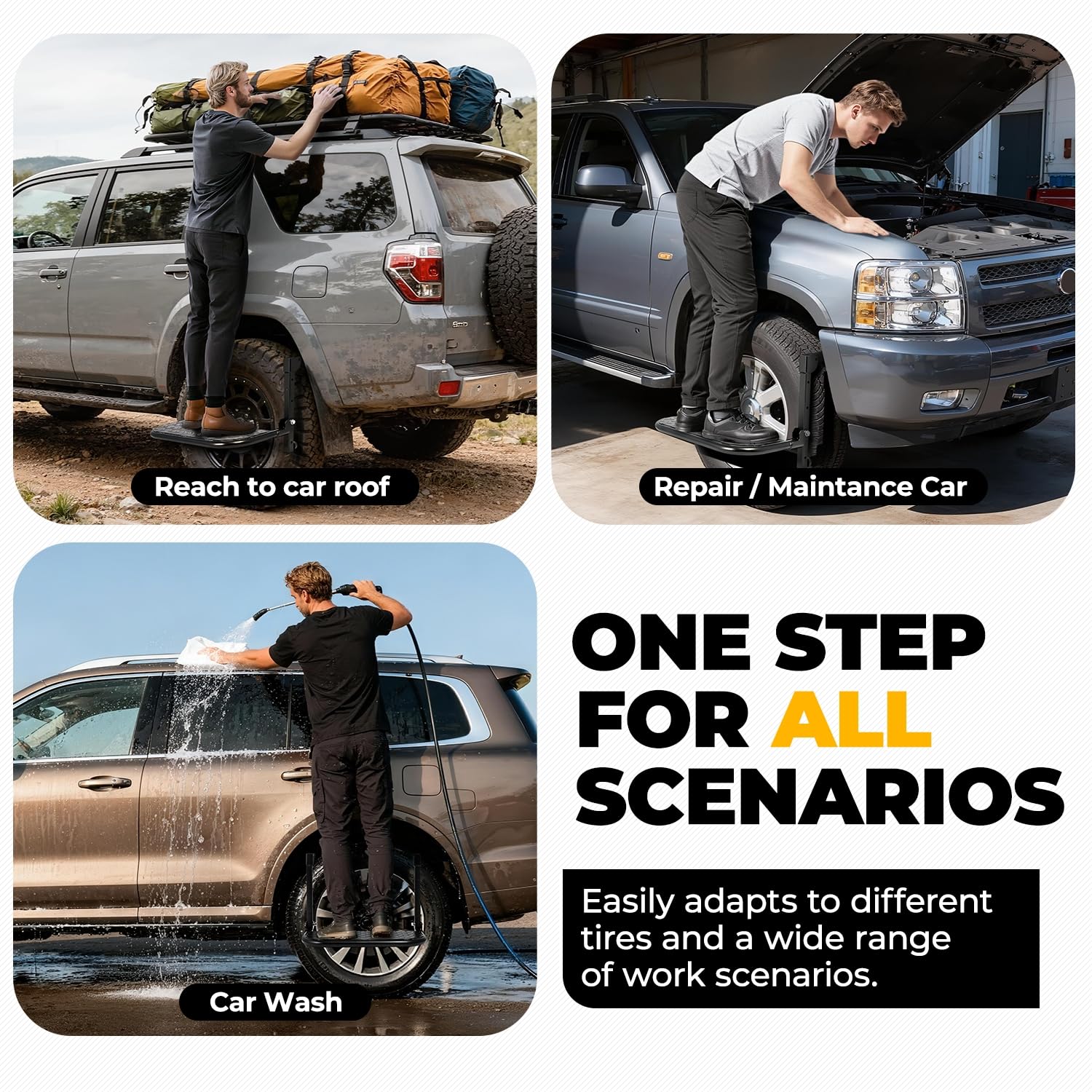 Auto Dynasty folding tire step helps reach rooftop carriers and high cargo areas.
