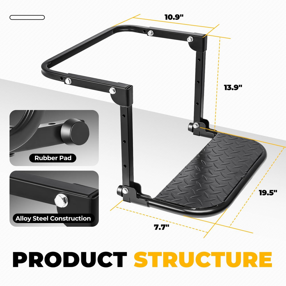 Auto Dynasty folding tire step folds compactly for easy storage between uses.