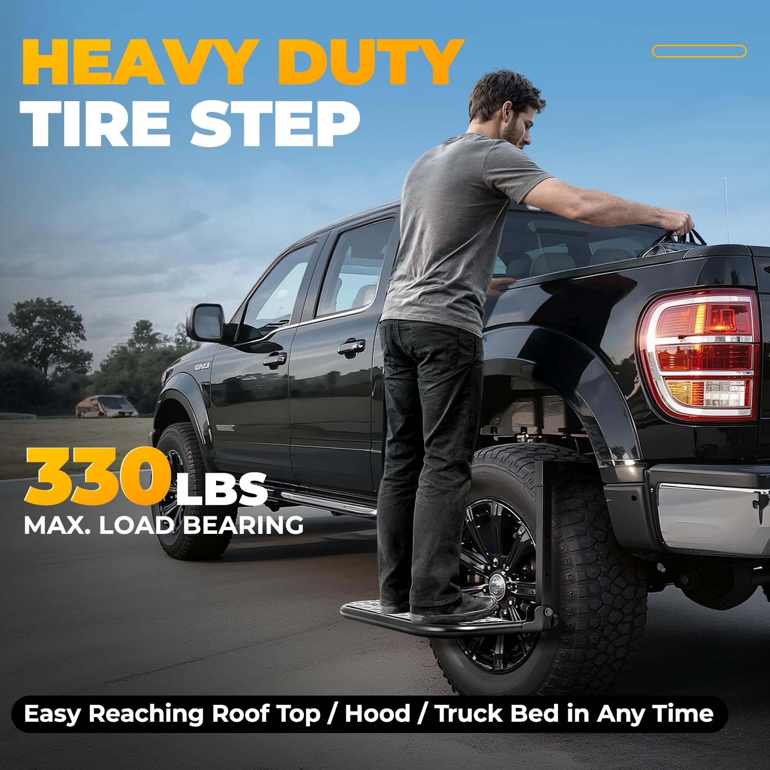Auto Dynasty folding tire step offers four width options for a snug tire fit.