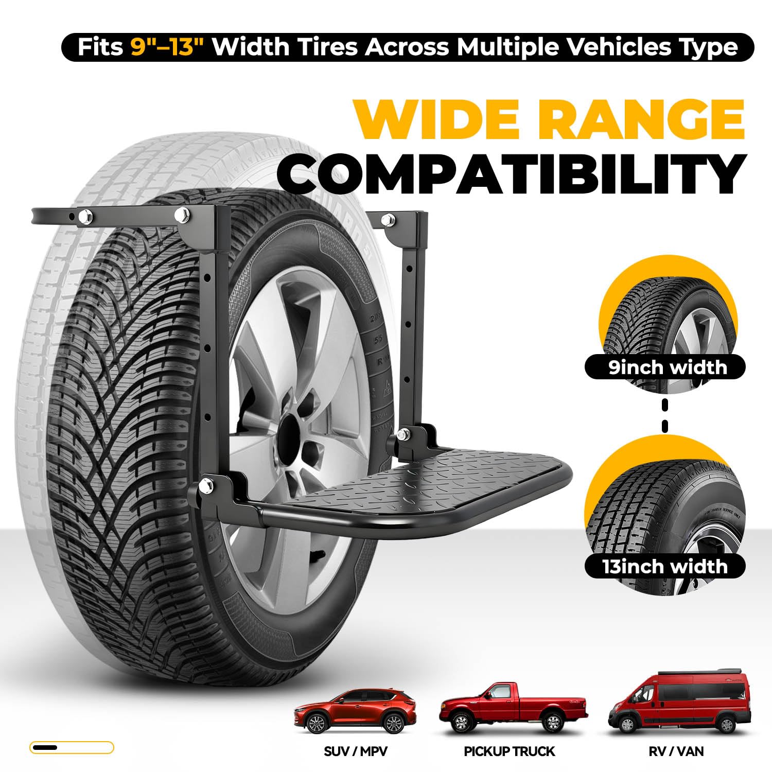 Auto Dynasty folding tire step features a non-slip texture for secure footing.