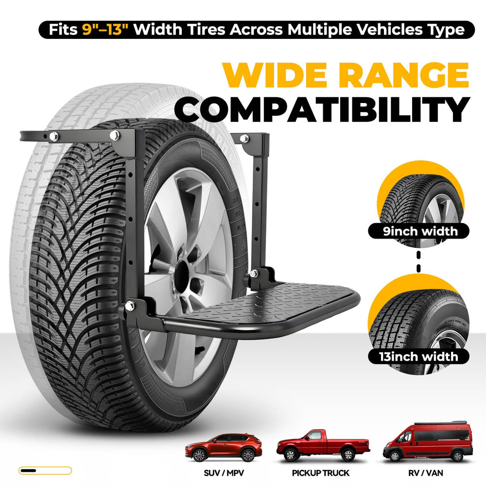 Auto Dynasty folding tire step features a non-slip texture for secure footing.