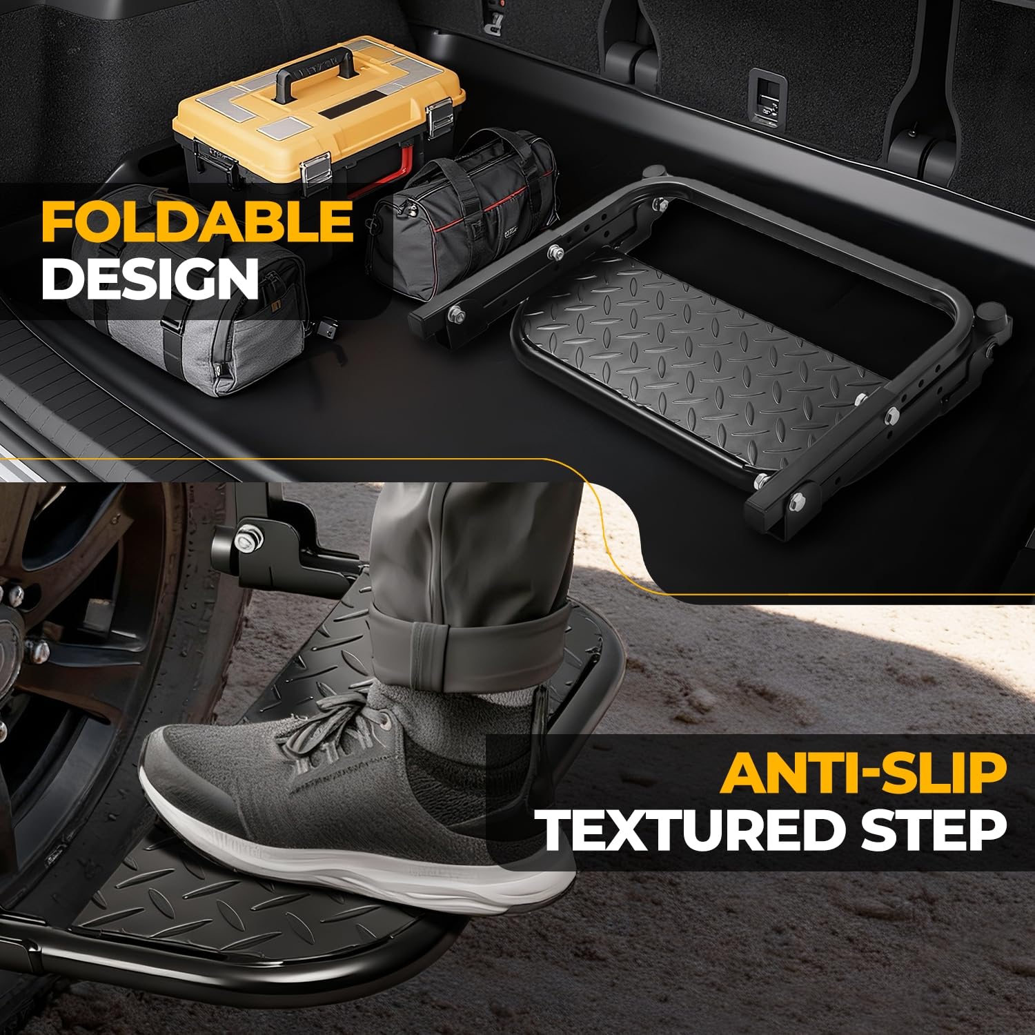 Auto Dynasty folding tire step with rubber padding protects tire surfaces during use.