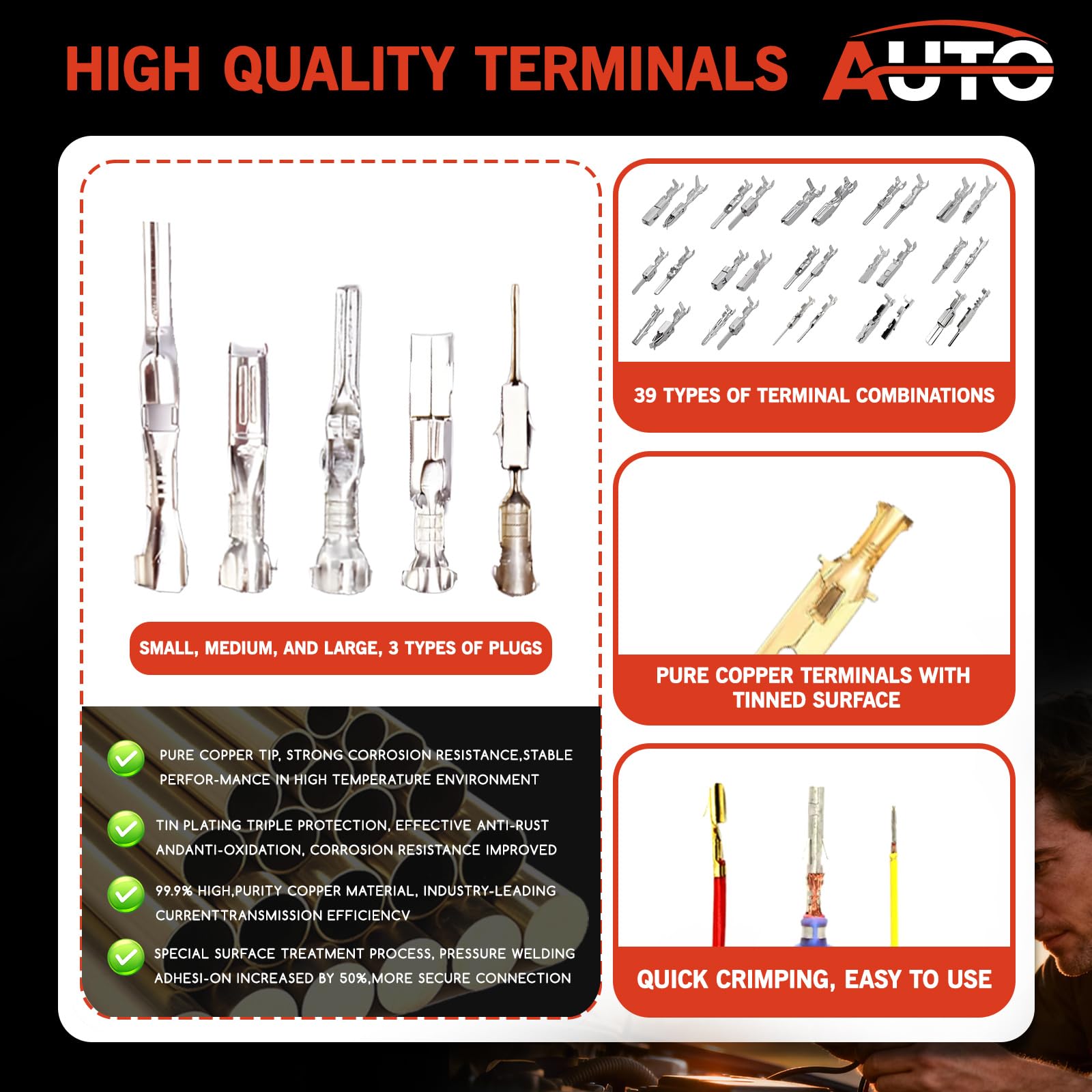 Auto Occasion detailed terminal pins closeup shows male and female pins ready for crimping