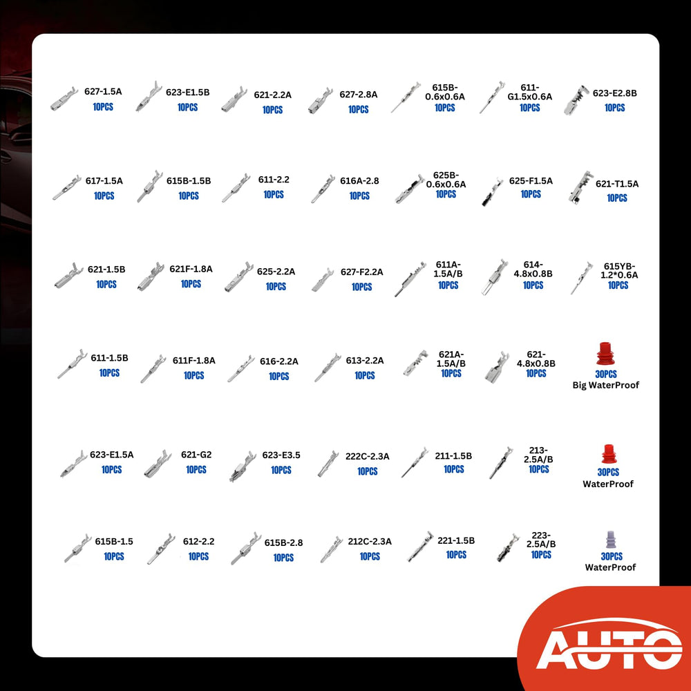 Auto Occasion terminal pins kit size range highlights 0.6–4.8 mm for versatile connections