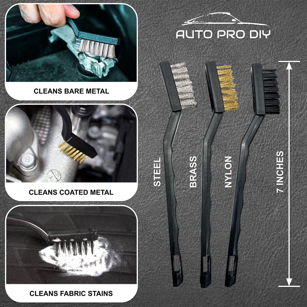 AUTO PRO DIY stainless steel wire brush tackles tougher grime on metal parts.