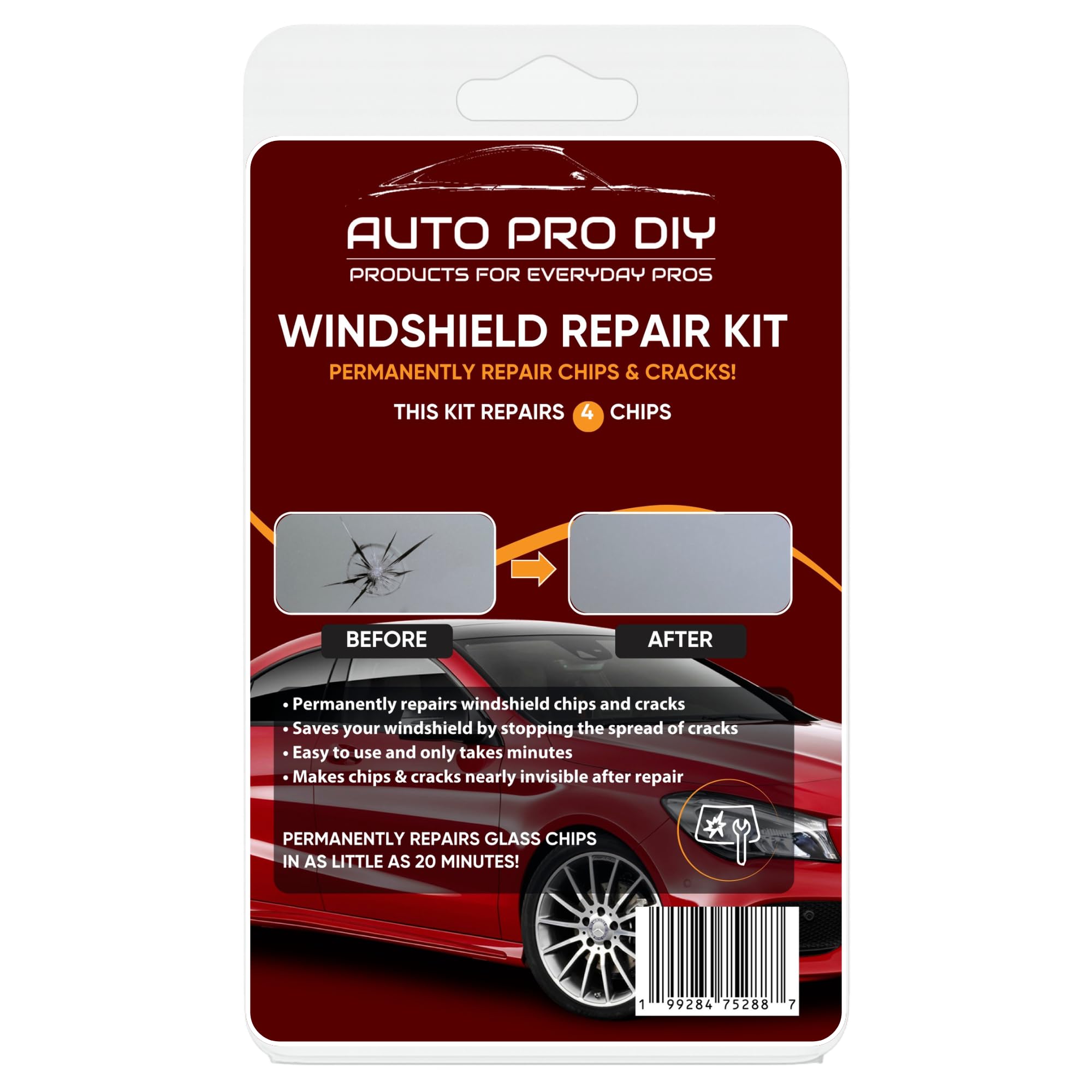 AUTO PRO DIY windshield repair kit box shows four-pack for quick repairs.