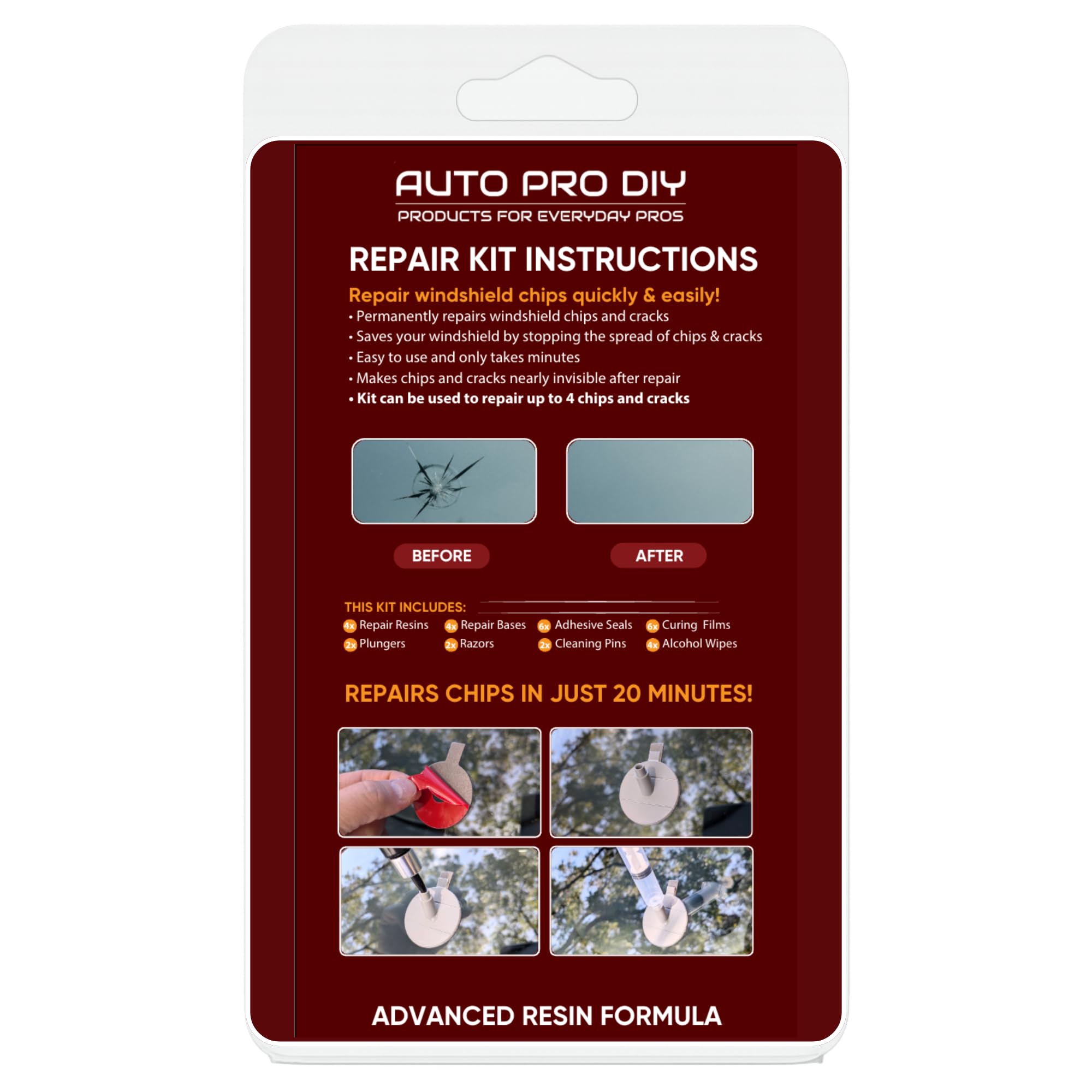 AUTO PRO DIY windshield repair kit tools in use for chip repair.