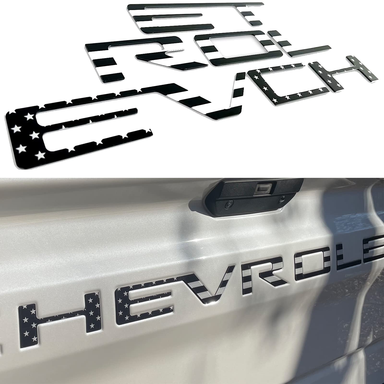 Auto Safety tailgate letters 3D emblems in black flag design resist weather and upgrade look.
