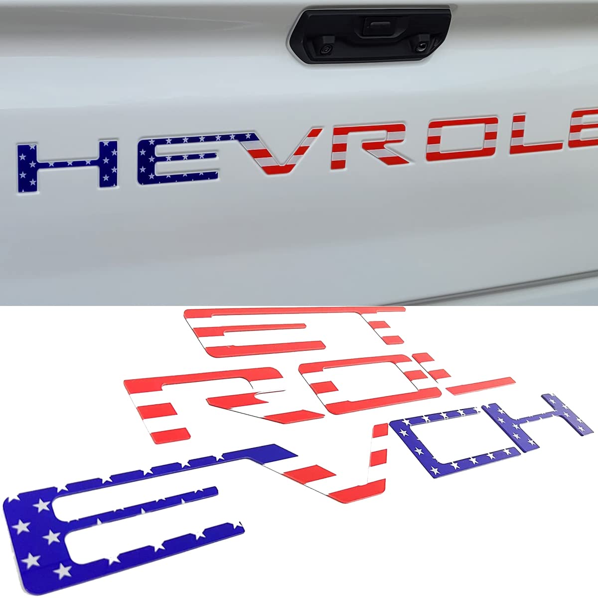 Auto Safety tailgate letters with American flag 3D emblem on a truck