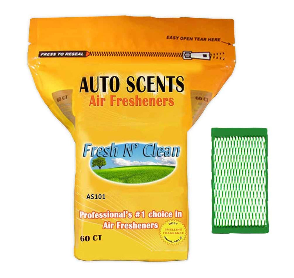 Auto Scents Fresh N' Clean pad in car vent for long-lasting odor control.