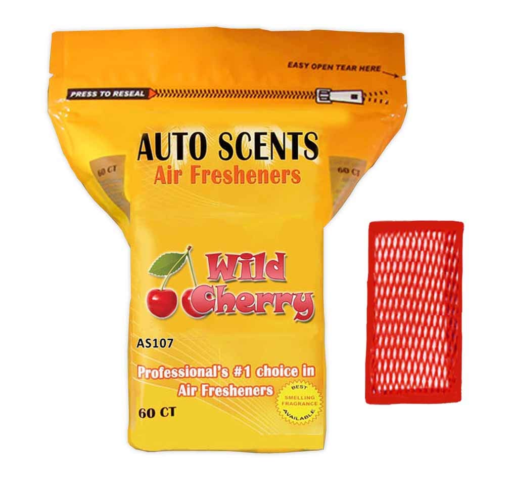Auto Scents Wild Cherry pads pack 60 for lasting freshness in cars and homes.