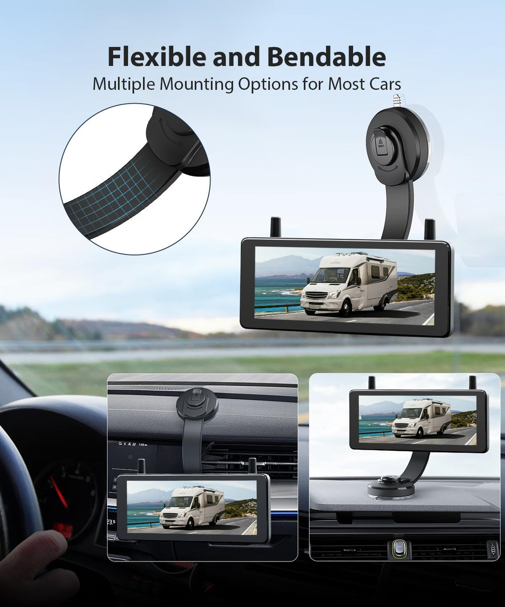 AUTO-VOX X8 bracket bendable suction-mount on dash for versatile in-car placement