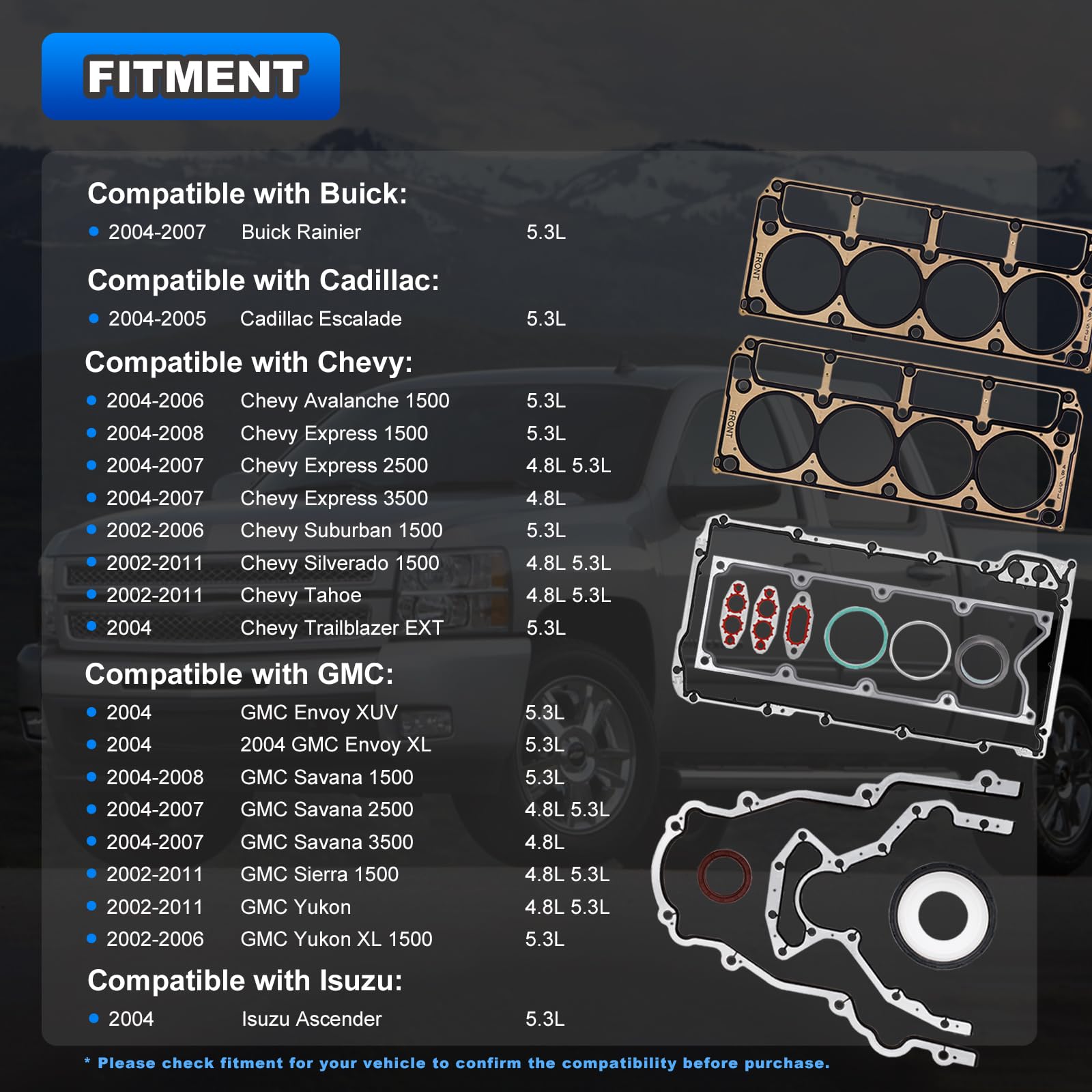 AUTOBABA 5.3/4.8L V8 gasket kit with OEM-fit components visible.