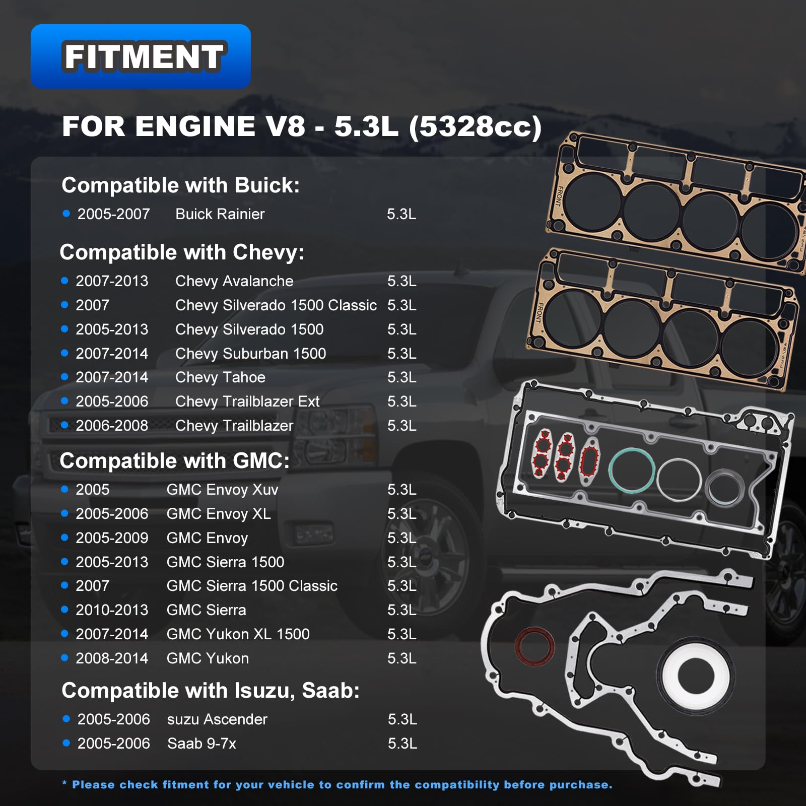 AUTOBABA 5.3 gasket set, multiple gaskets for reliable engine sealing.