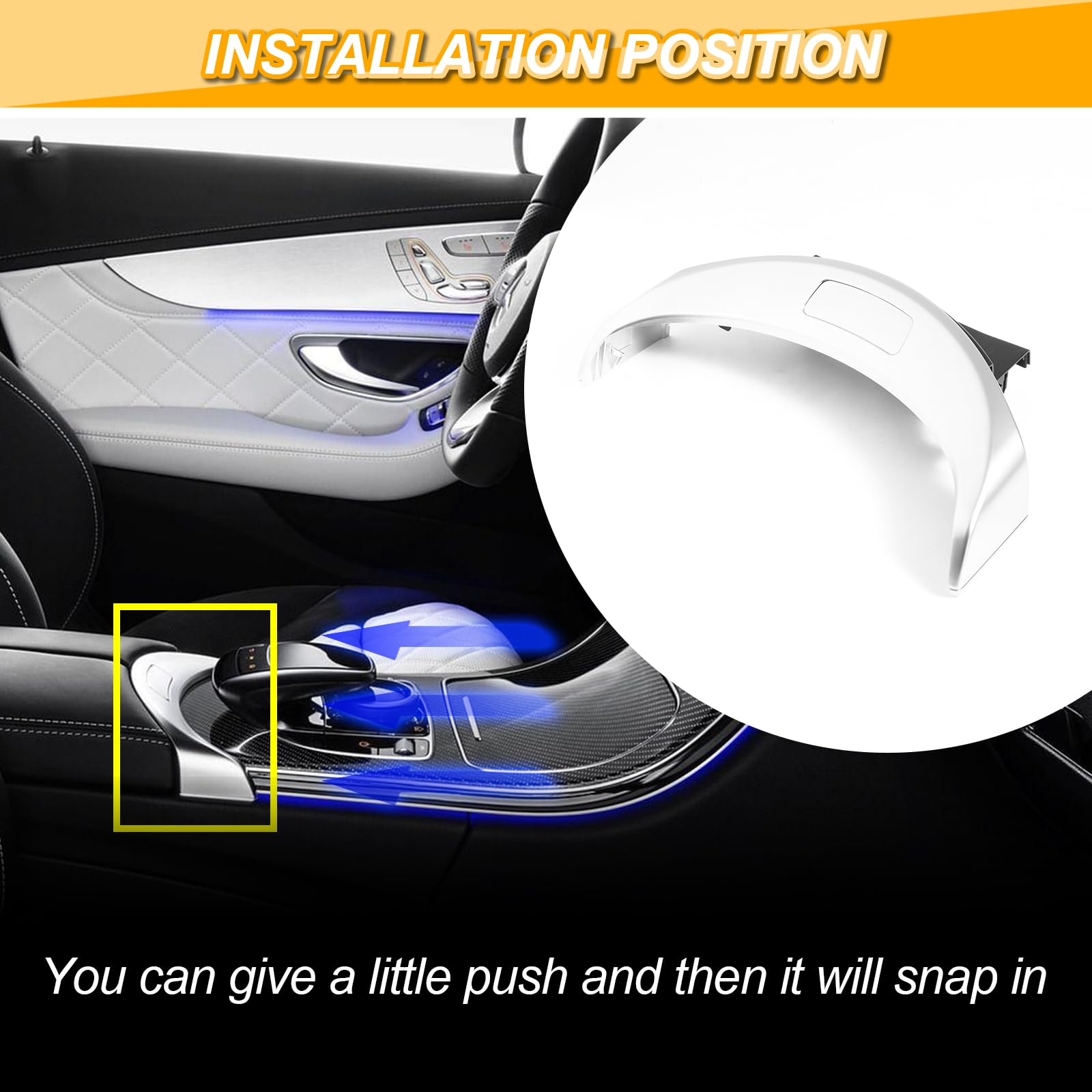 AUTOBABA console-cover fitment area closeup demonstrates easy snap-in design.