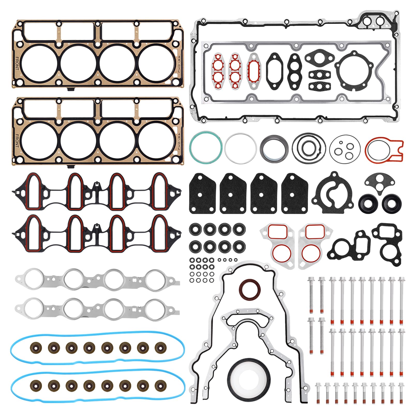 AUTOBABA cylinder head gasket kit with ES72173 bolts, closeup of gaskets and bolts for reliable seal.
