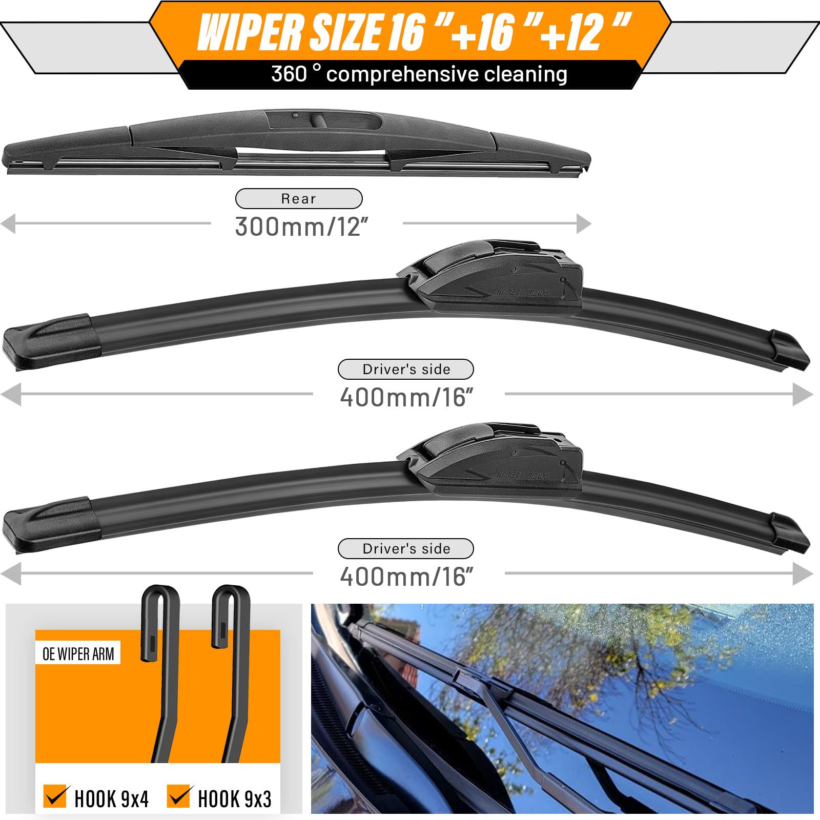 AUTOBOO 12in rear wiper blade ensures clean rear view