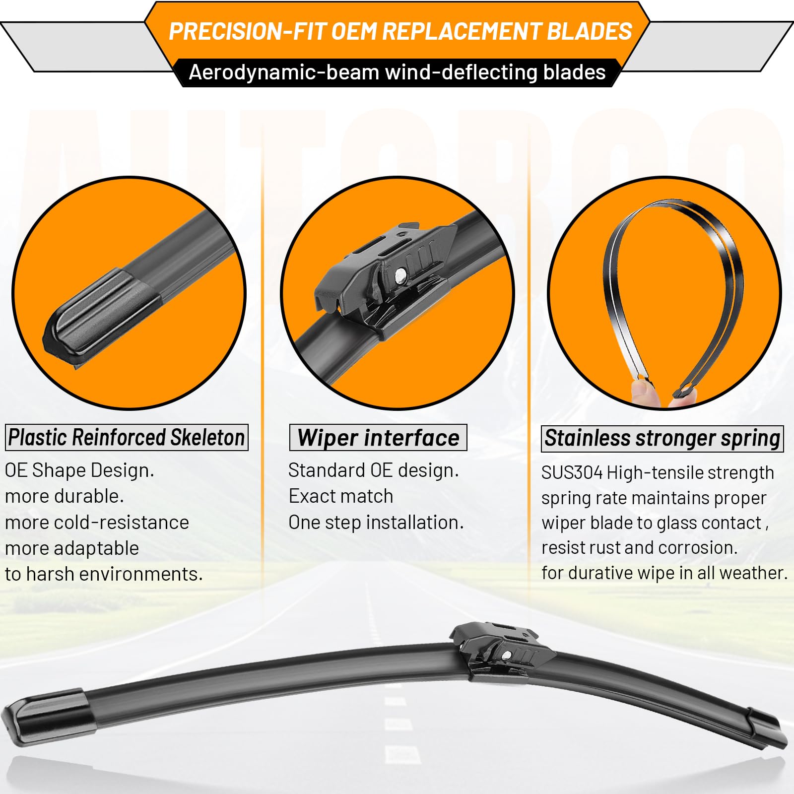 AUTOBOO wiper blade set packaging highlights 3-piece kit.