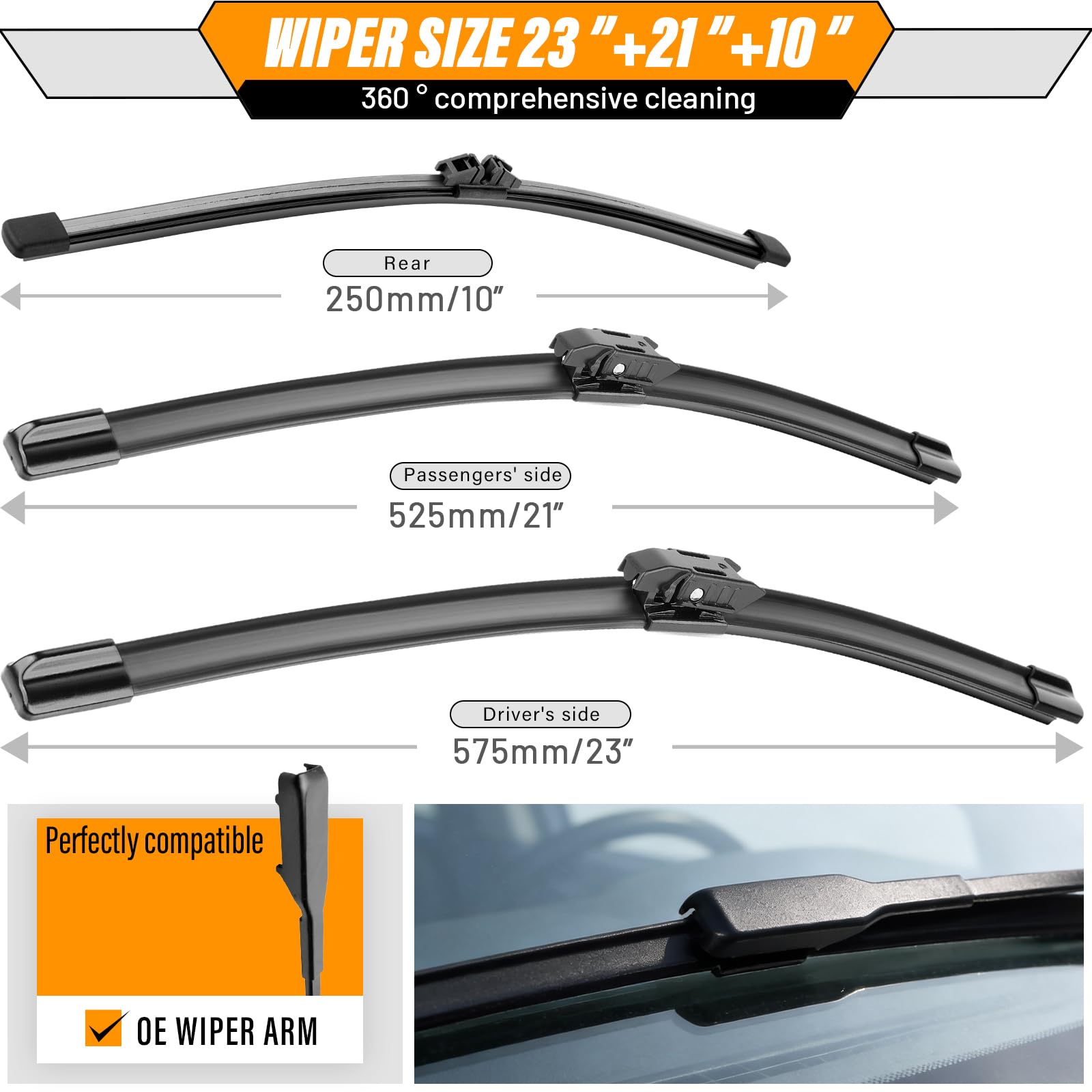 AUTOBOO rear 10-inch wiper blade helps keep the rear window spotless.