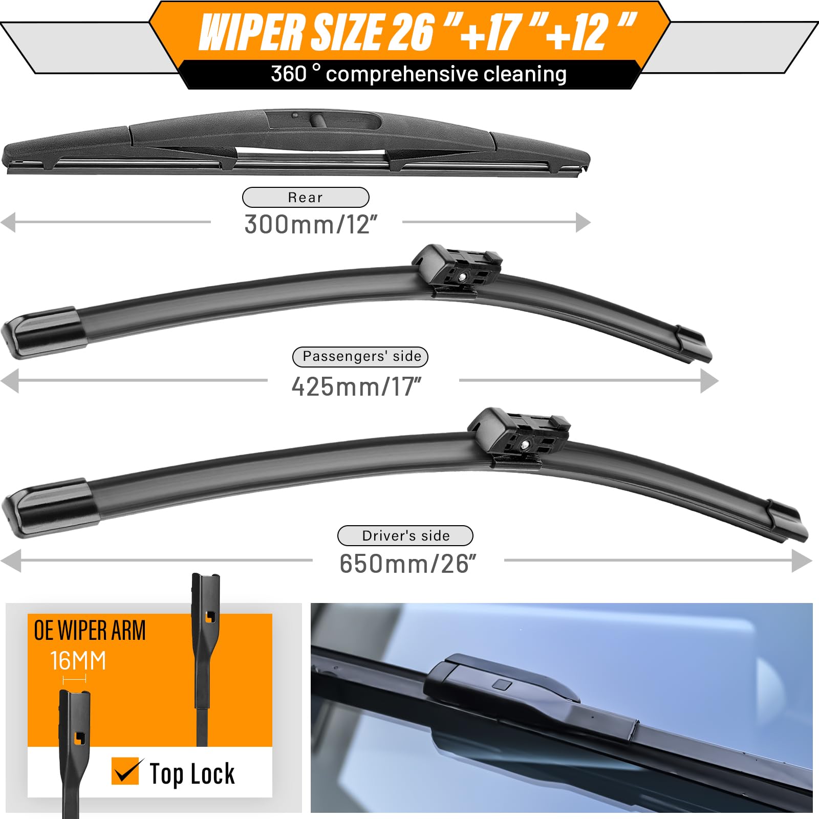 AUTOBOO 12-inch rear wiper blade for Honda HR-V keeps rear window clear.