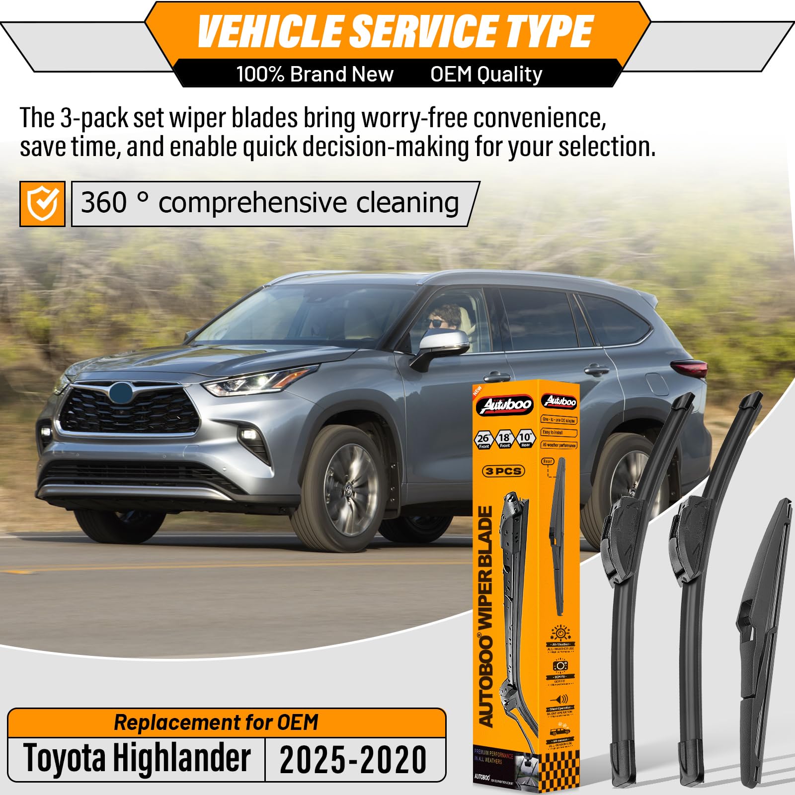 AUTOBOO 18-inch front-passenger wiper blade for Highlander delivers smooth wipe.