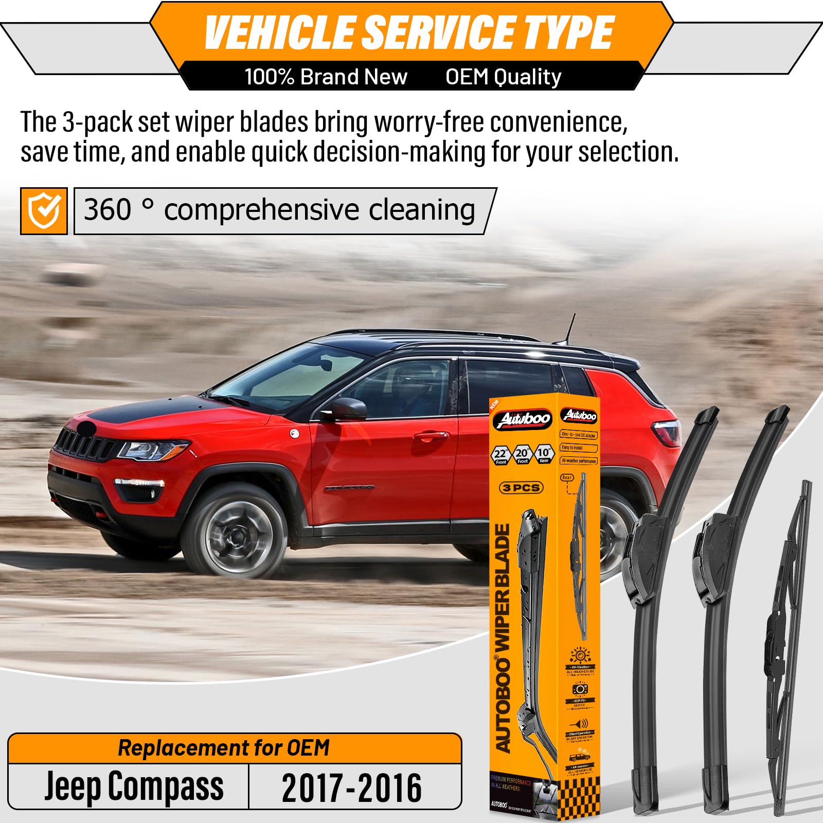 AUTOBOO 20-inch front wiper blade for Jeep Compass smooth wipe across windshield