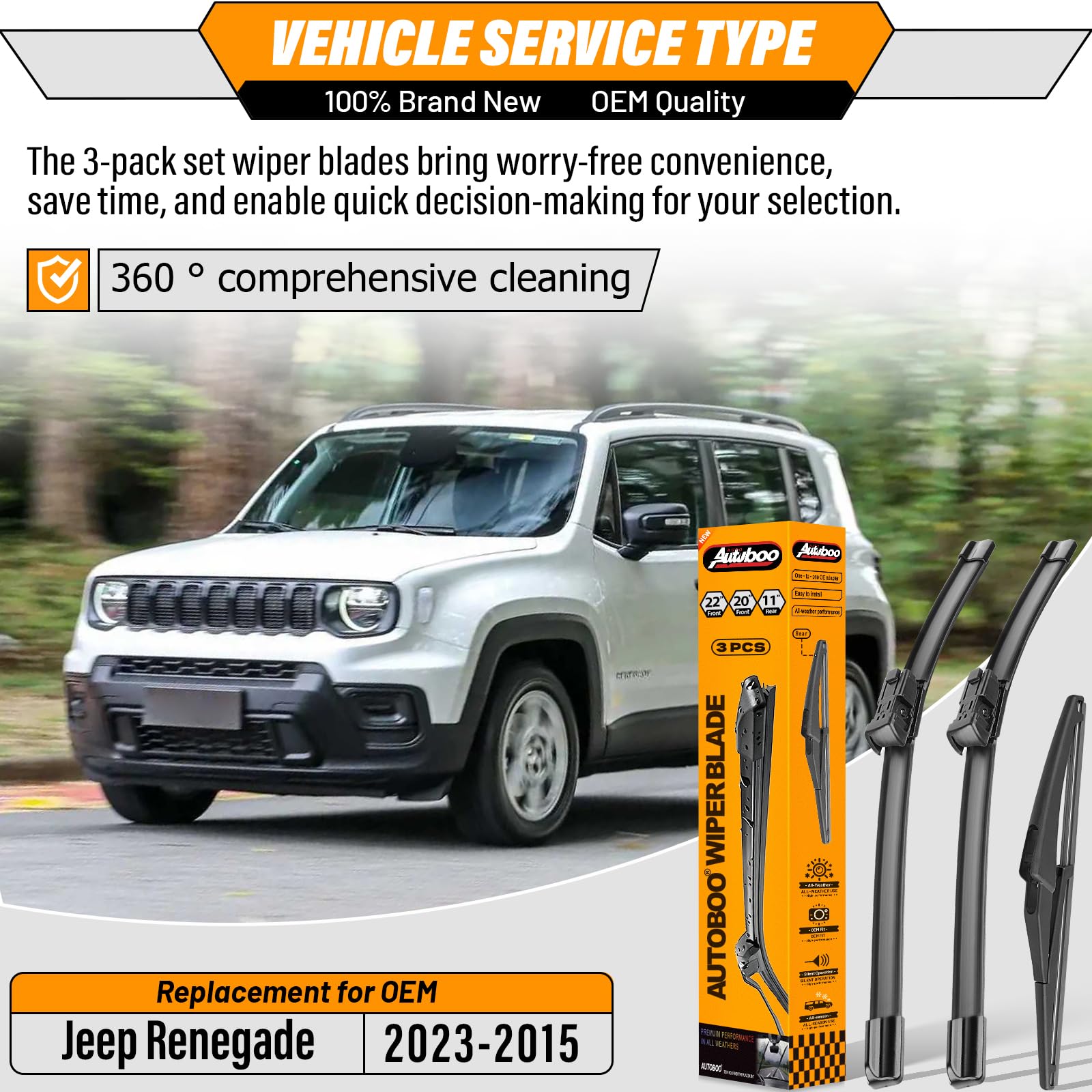 AUTOBOO 20-inch front wiper blade for Jeep Renegade improves front window clarity.