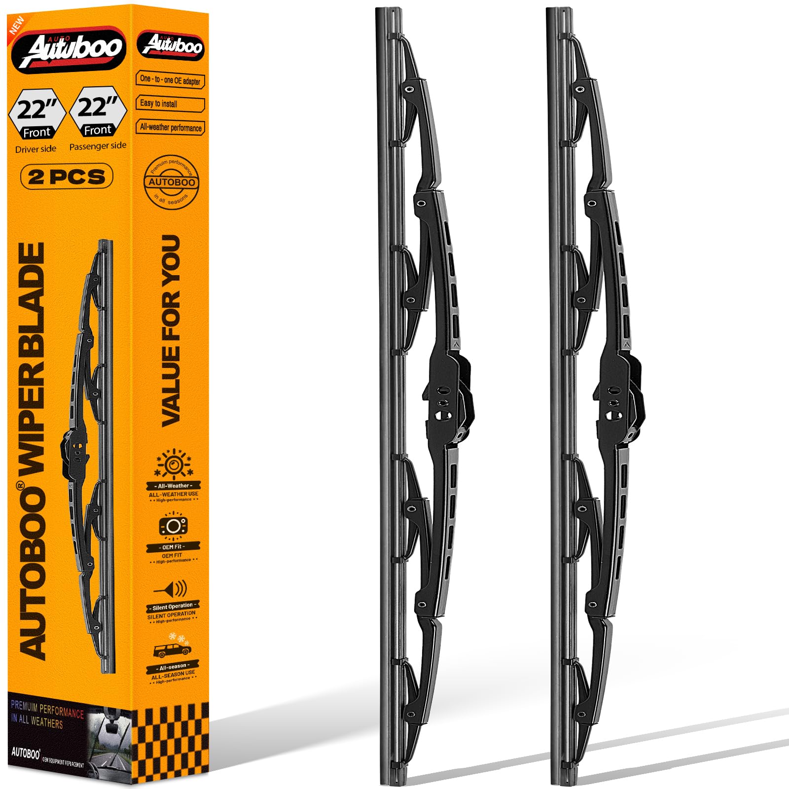 AUTOBOO 22-inch wiper blades packaging showing factory-quality design and all-season potential