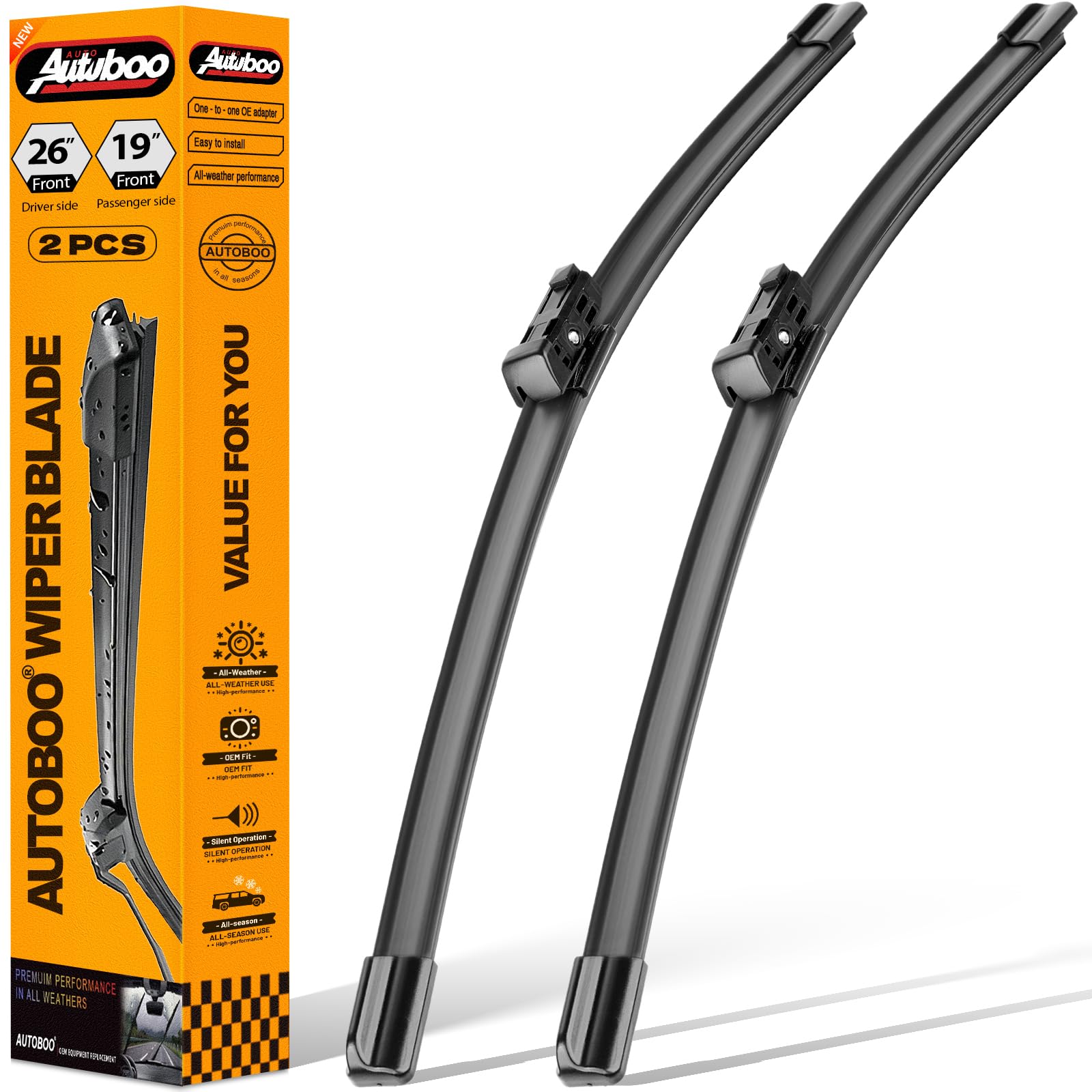 AUTOBOO 26+19 inch wipers for Tesla Model 3 and Model Y; precise fit and clear view.