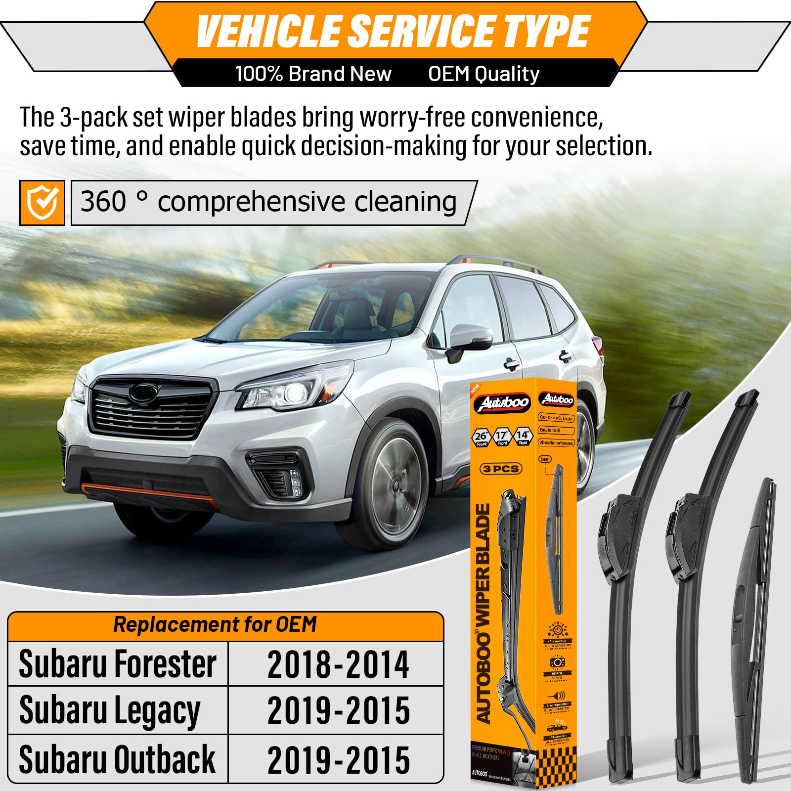 AUTOBOO 26 inch front wiper for Subaru Forester right side, clear rain visibility.