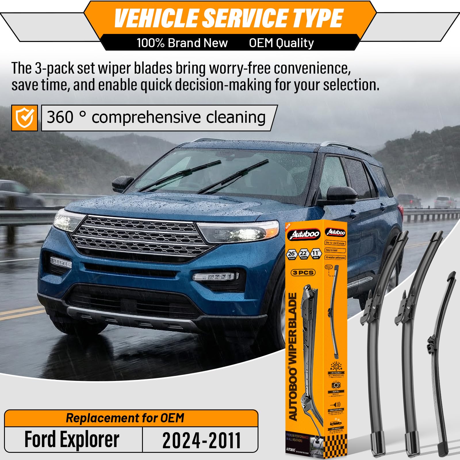 AUTOBOO 3-pack front 22-inch wiper blade for Ford Explorer enhances all-weather wipe