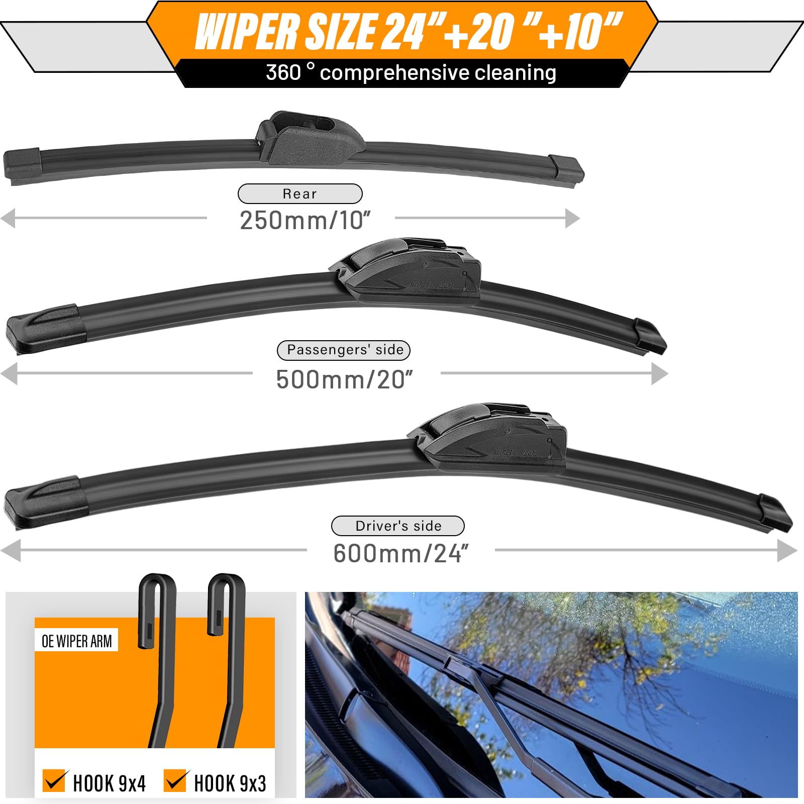 AUTOBOO all-weather wiper blades close-up show resilient edge contact