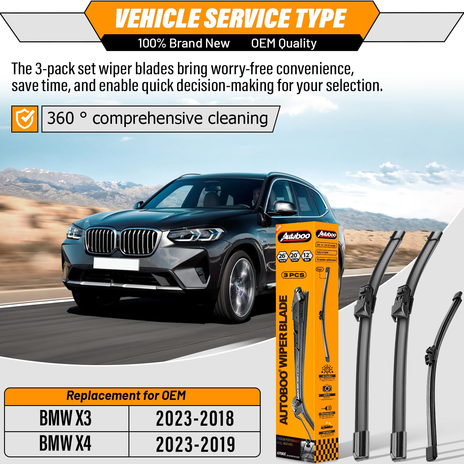 AUTOBOO front 20-inch wiper blade for BMW X3/X4 ensures smooth engagement and clear view.