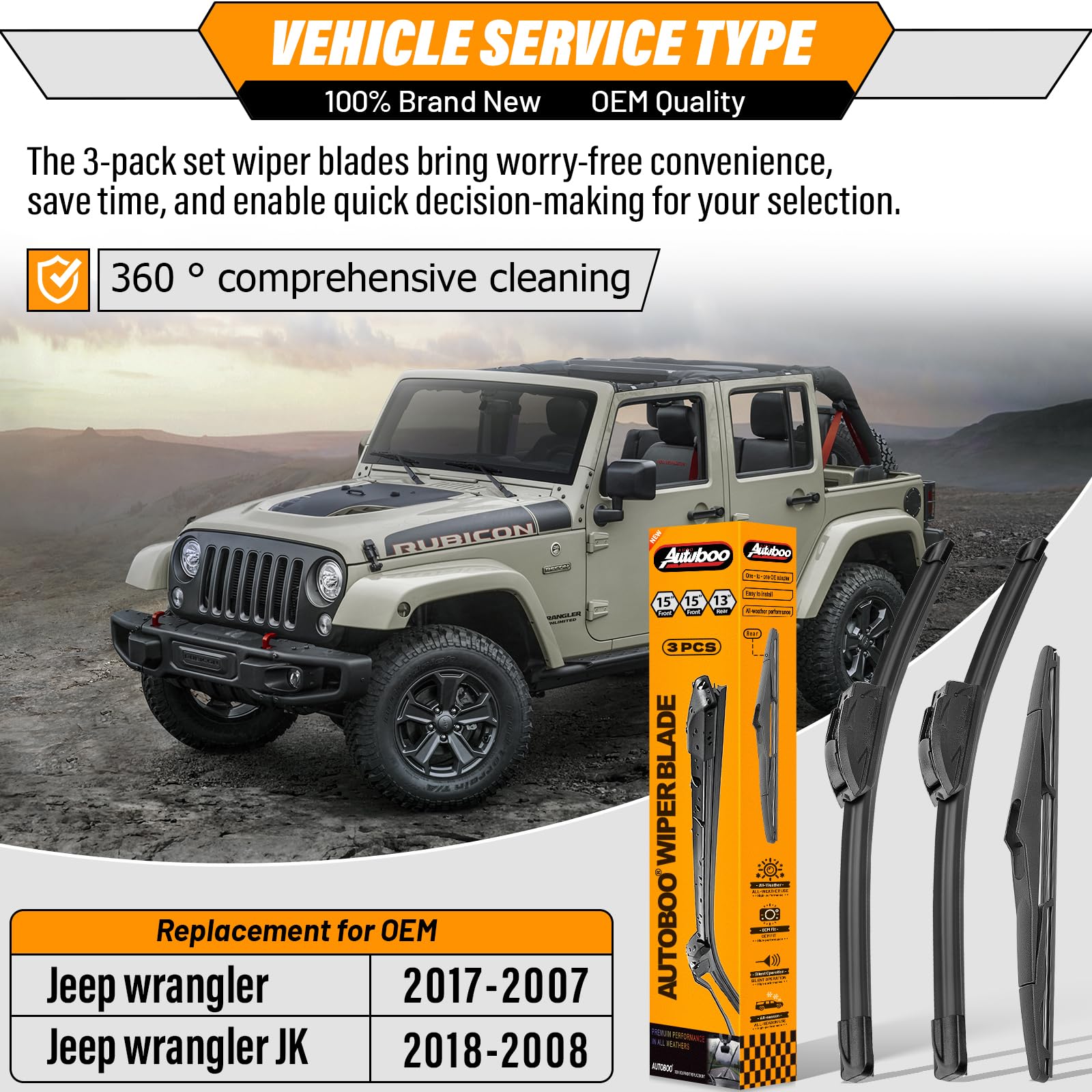 AUTOBOO front-right 15-inch wiper blade ensuring clear rain visibility for Wrangler